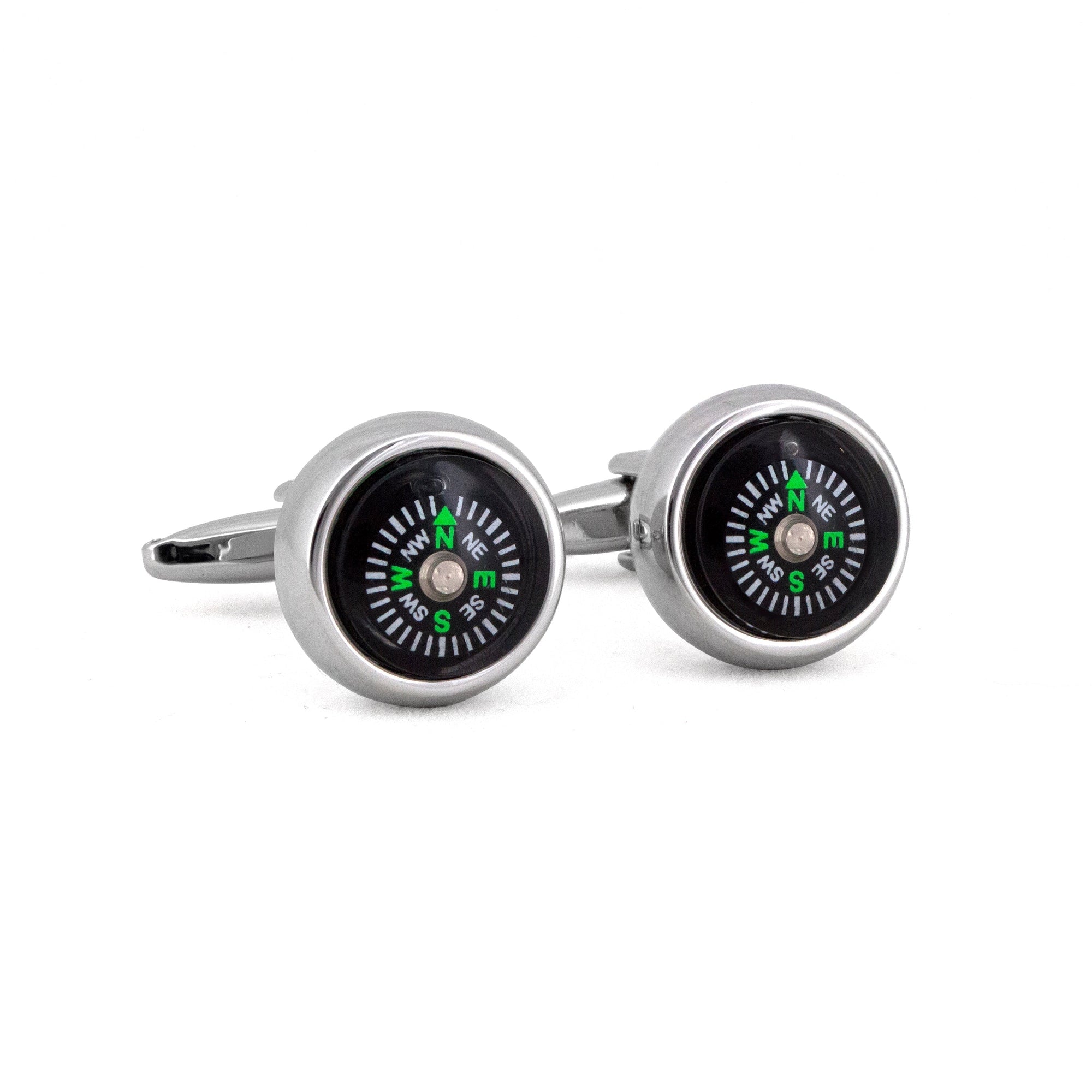 MarZthomson Compass Cufflinks Design Black Base white and Green word M-Cufflinks.com.sg
