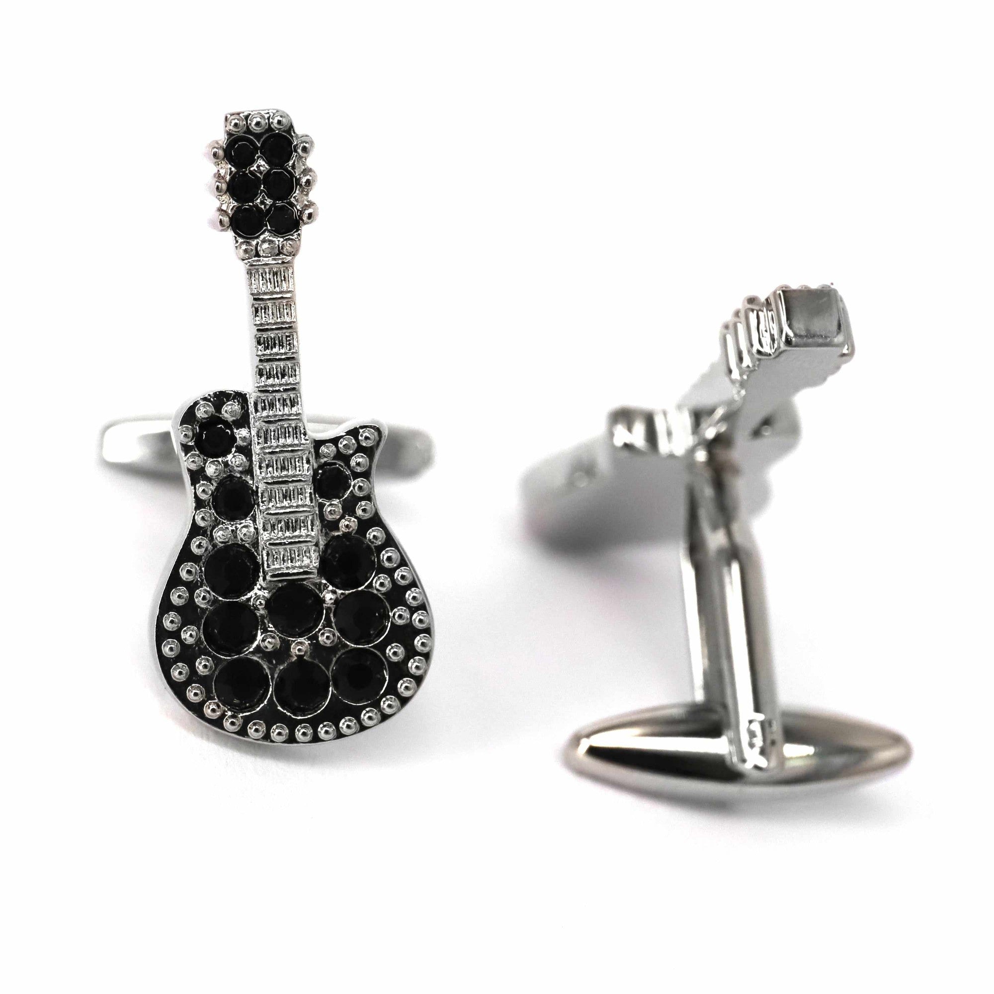 MarZthomson Electric Guitar Cufflink in Silver and Black Crystal-Novelty Cufflinks-MarZthomson-Cufflinks.com.sg