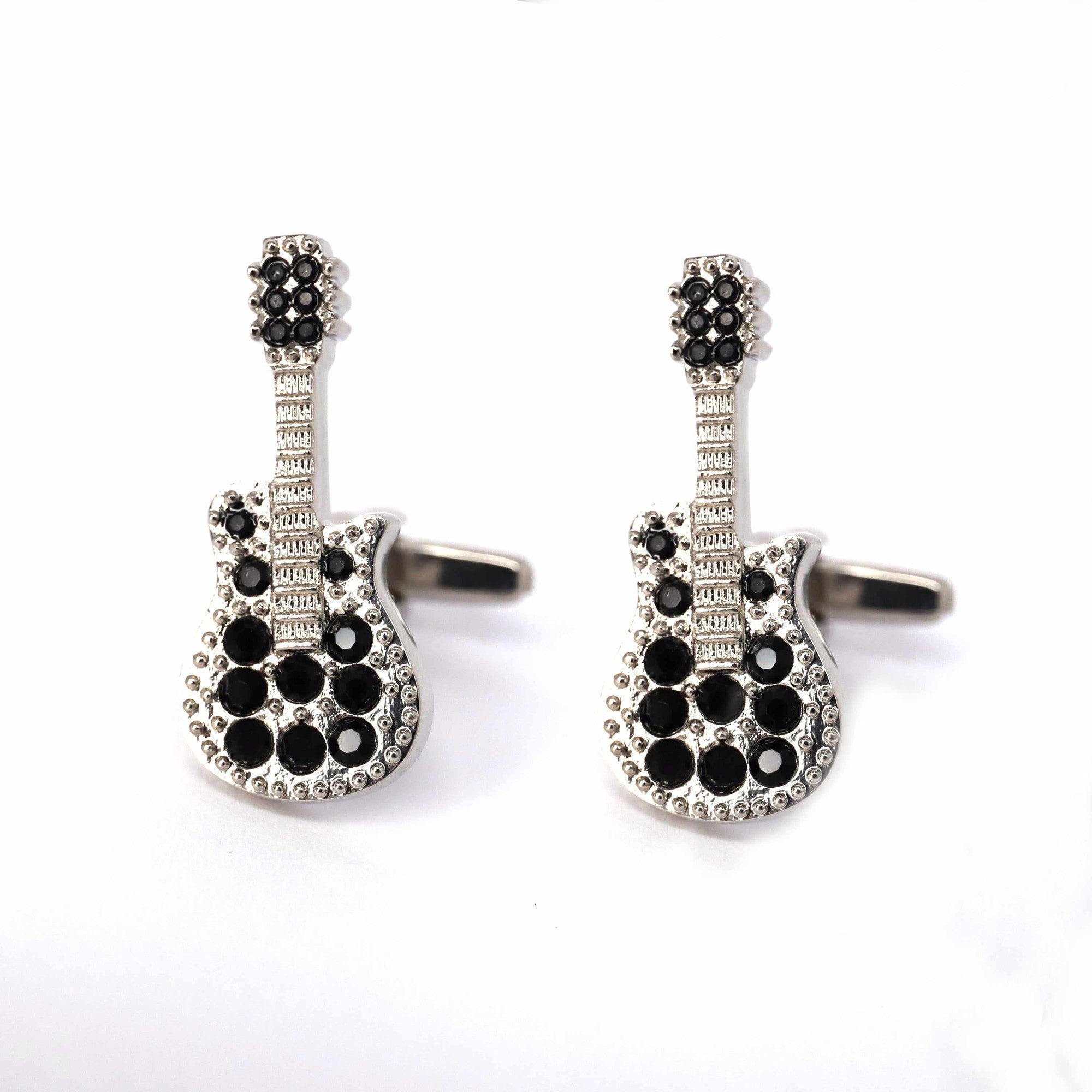MarZthomson Electric Guitar Cufflink in Silver and Black Crystal-Novelty Cufflinks-MarZthomson-Cufflinks.com.sg
