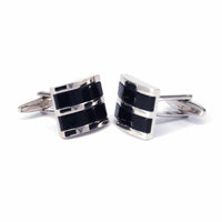MarzThomson D Shape with 2 Black Fiber Optic Stripe Cufflinks-Cufflinks-MarZthomson-Cufflinks.com.sg
