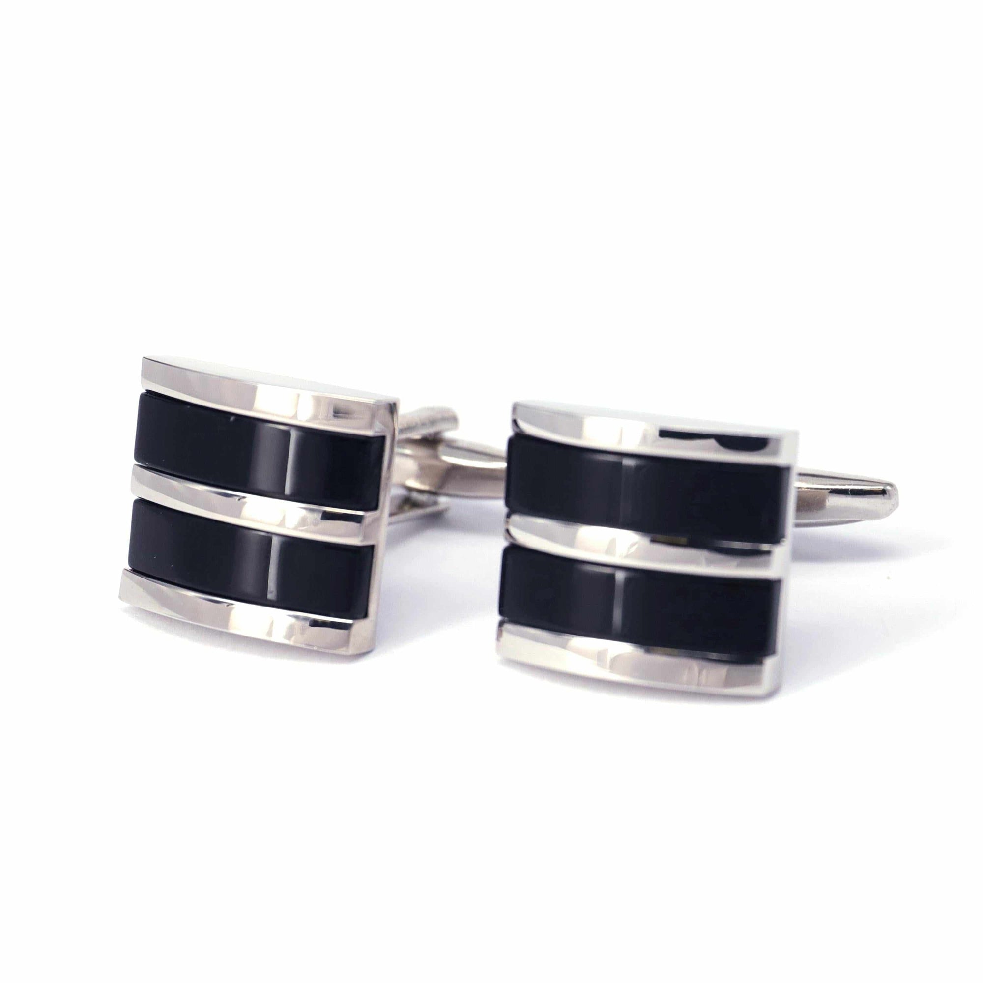 MarzThomson D Shape with 2 Black Fiber Optic Stripe Cufflinks-Cufflinks-MarZthomson-Cufflinks.com.sg