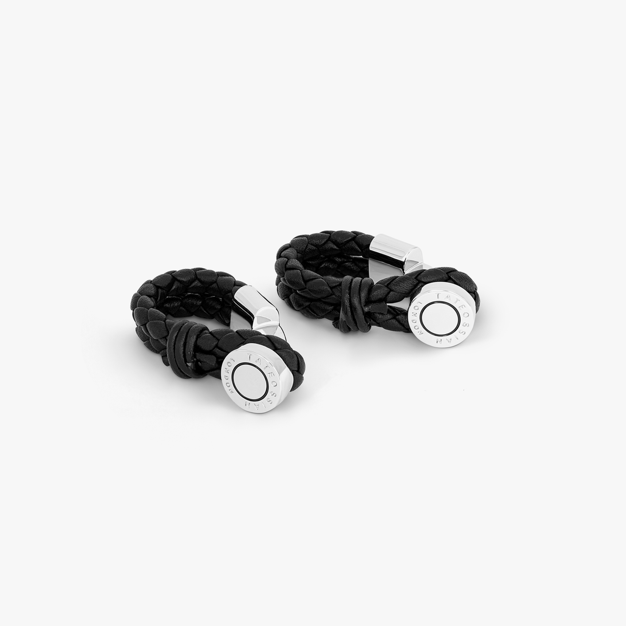 Pelle Wrap Around cufflinks in black leather with rhodium finish-Novelty Cufflinks-Tateossian-Cufflinks.com.sg
