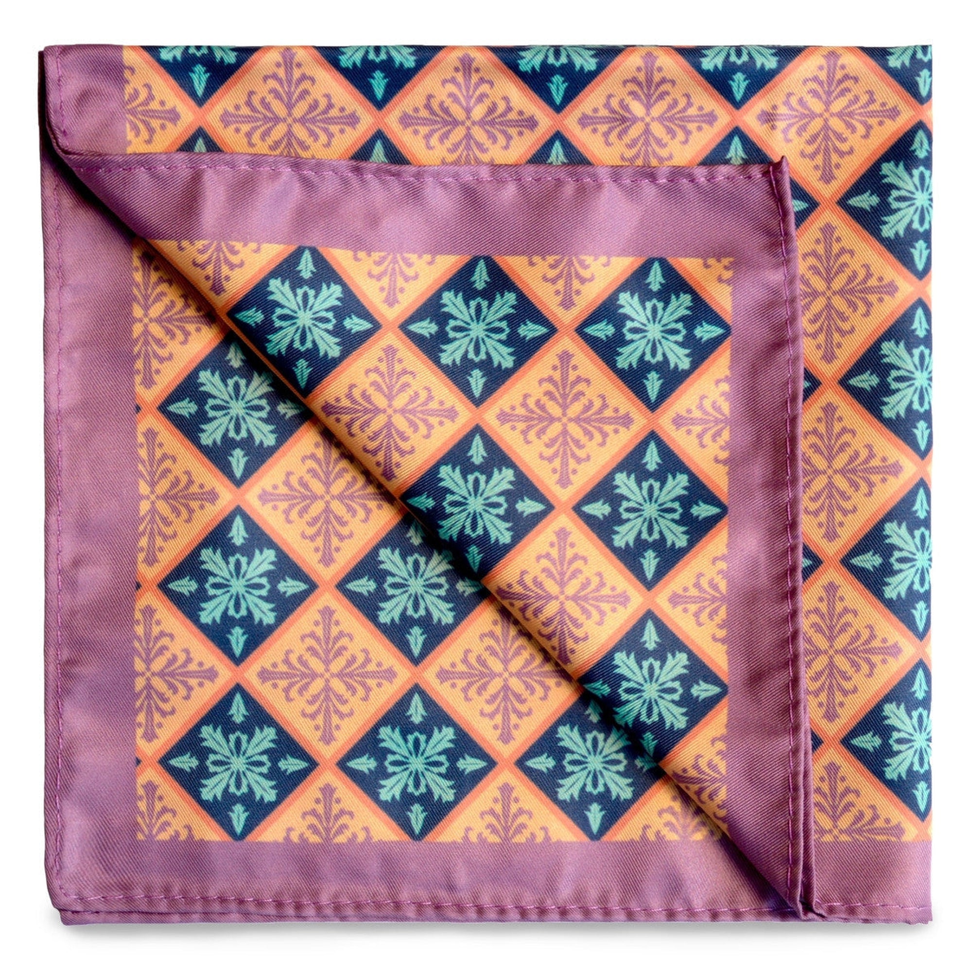 Peranakan Tiles Pocket Square in Persian Orange and Light China Rose Trimmings-Pocket Squares-MarZthomson-Cufflinks.com.sg