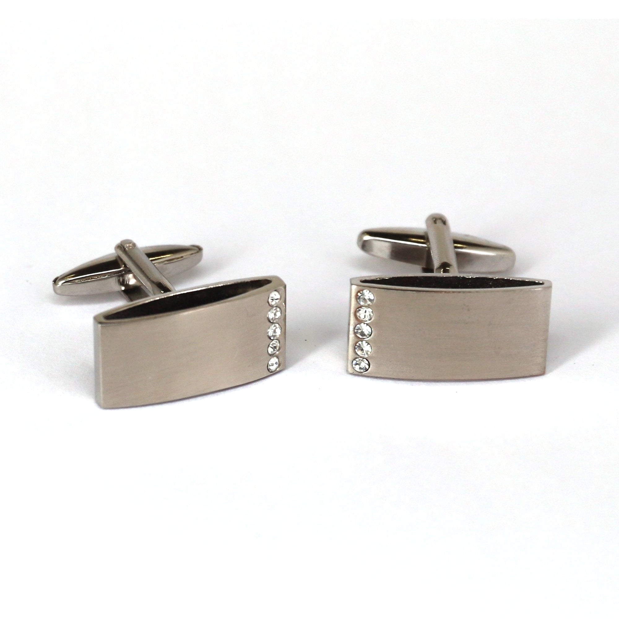 Rectangular Silver Brush finishing with crystal Cufflink M-Cufflinks-MarZthomson-Cufflinks.com.sg