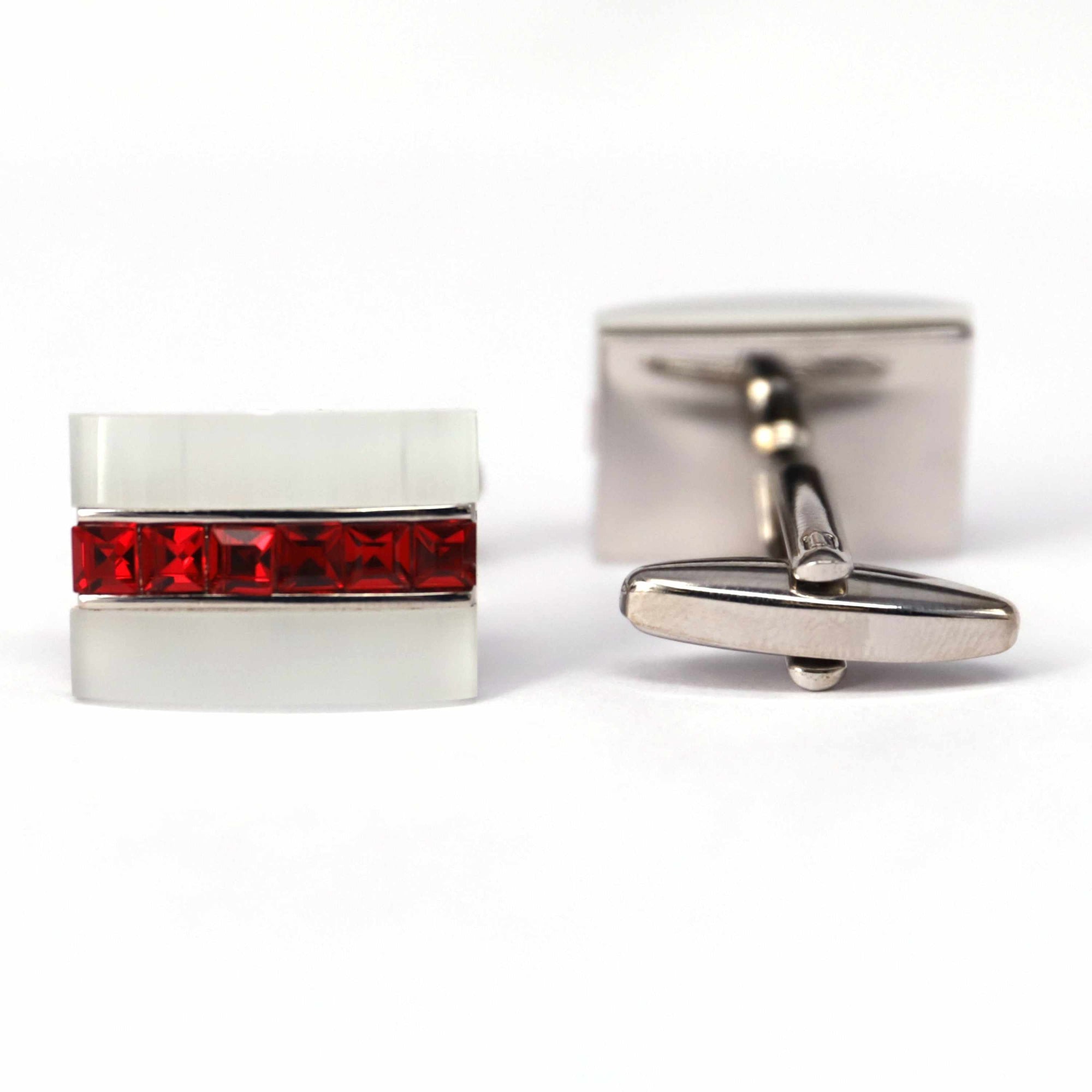 Red Crystal and White Fiber glass Rectangle Cufflinks-Cufflinks.com.sg