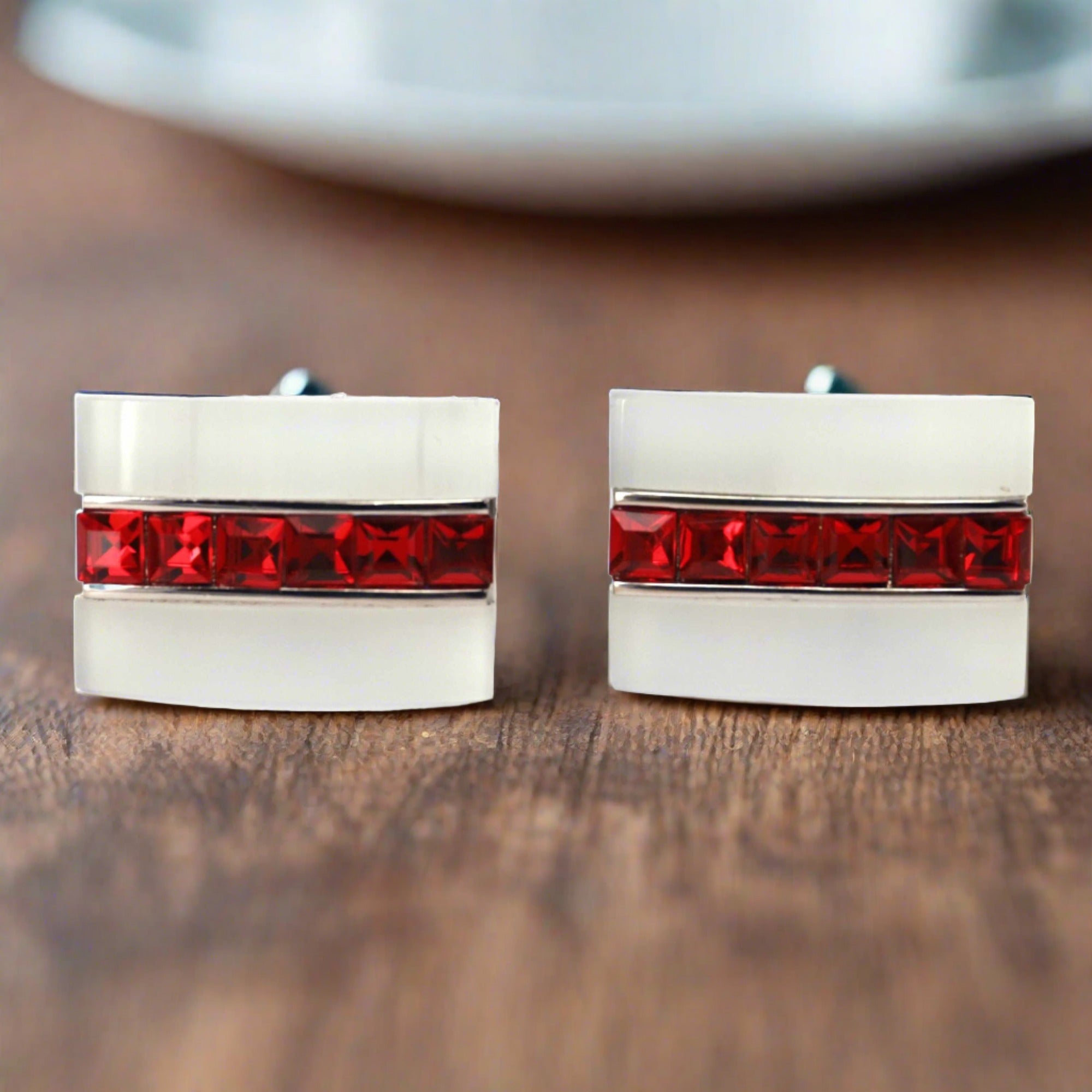 Red Crystal and White Fiber glass Rectangle Cufflinks-Cufflinks.com.sg