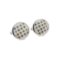 Round Fibre Optic Glass Black and Off White Checks Cufflinks-Cufflinks.com.sg