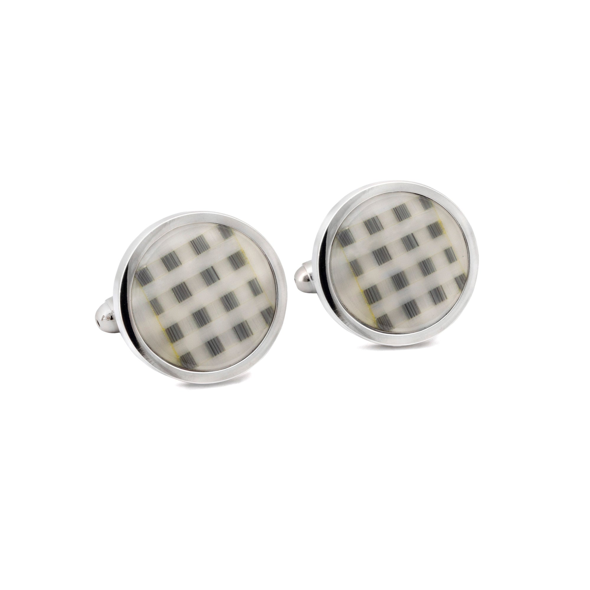 Round Fibre Optic Glass Black and Off White Checks Cufflinks-Cufflinks.com.sg