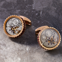 Round Skeleton Gear Cufflinks with Enamel Edge - Rose Gold and Burgundy-Novelty Cufflinks-Tateossian-Cufflinks.com.sg