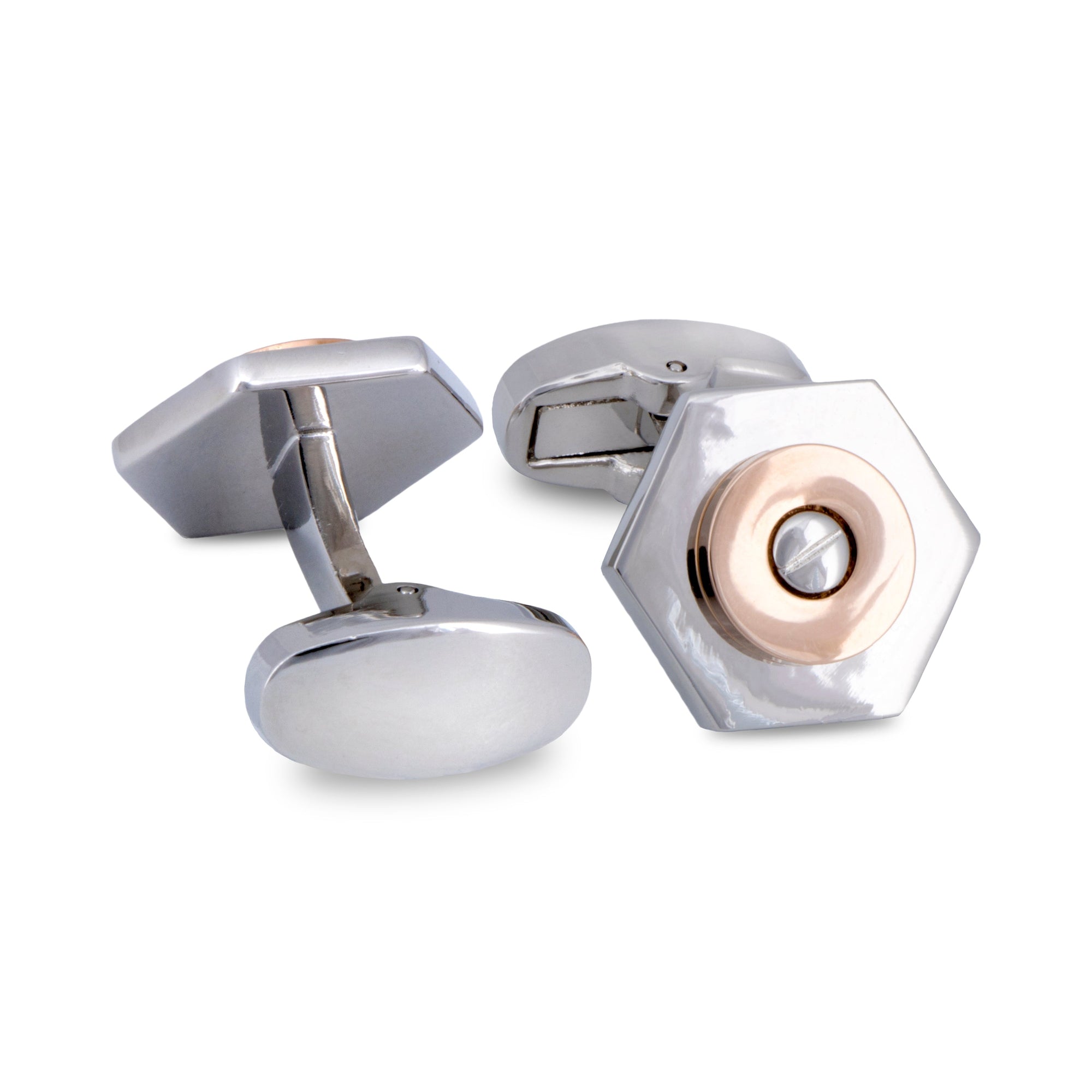 Silver Hexagon with Rose Gold Screw Top Centrepiece Cufflinks-Cufflinks.com.sg