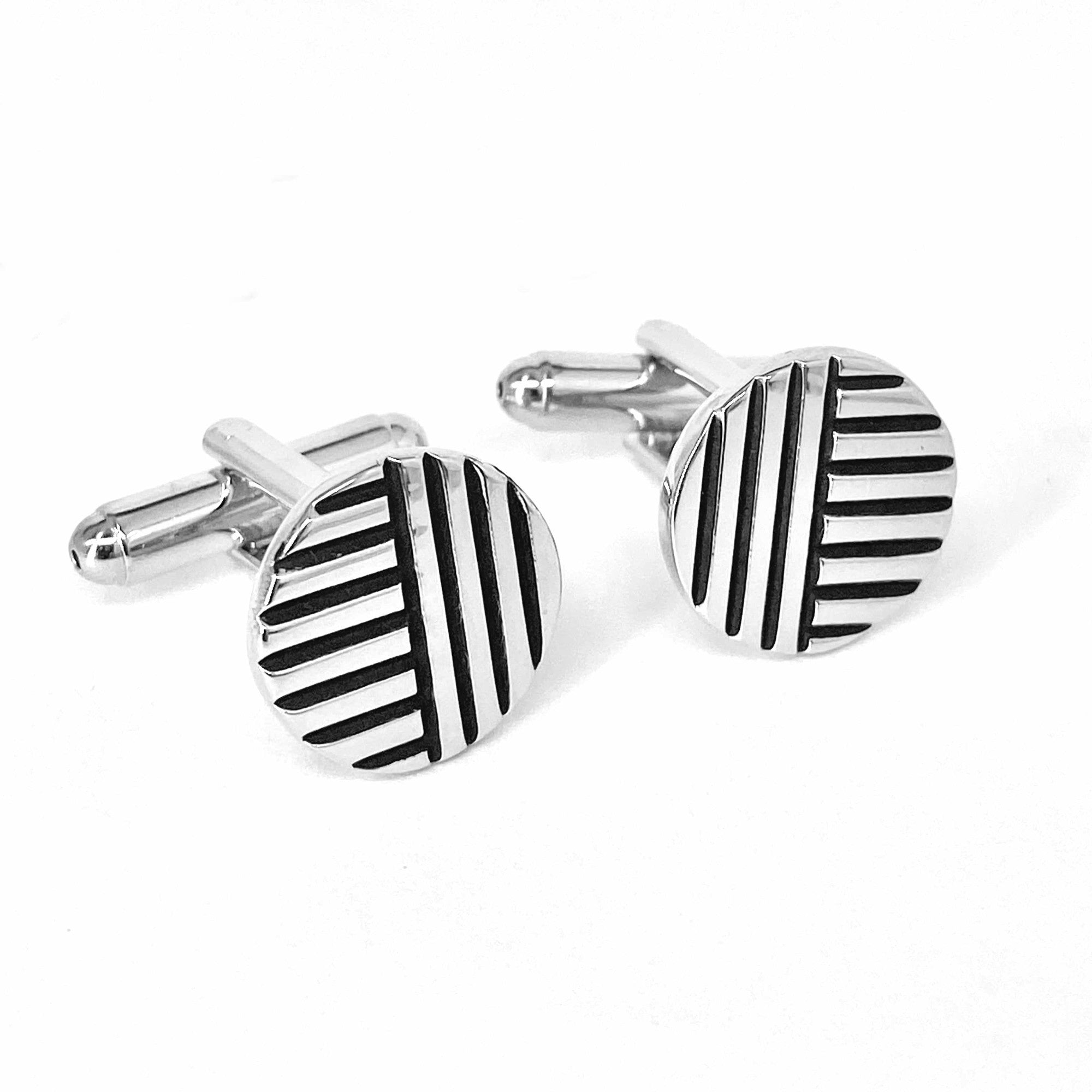 Silver Round with vertical and horizontal stripe Cufflinks-Classic Cufflinks-MarZthomson-Cufflinks.com.sg