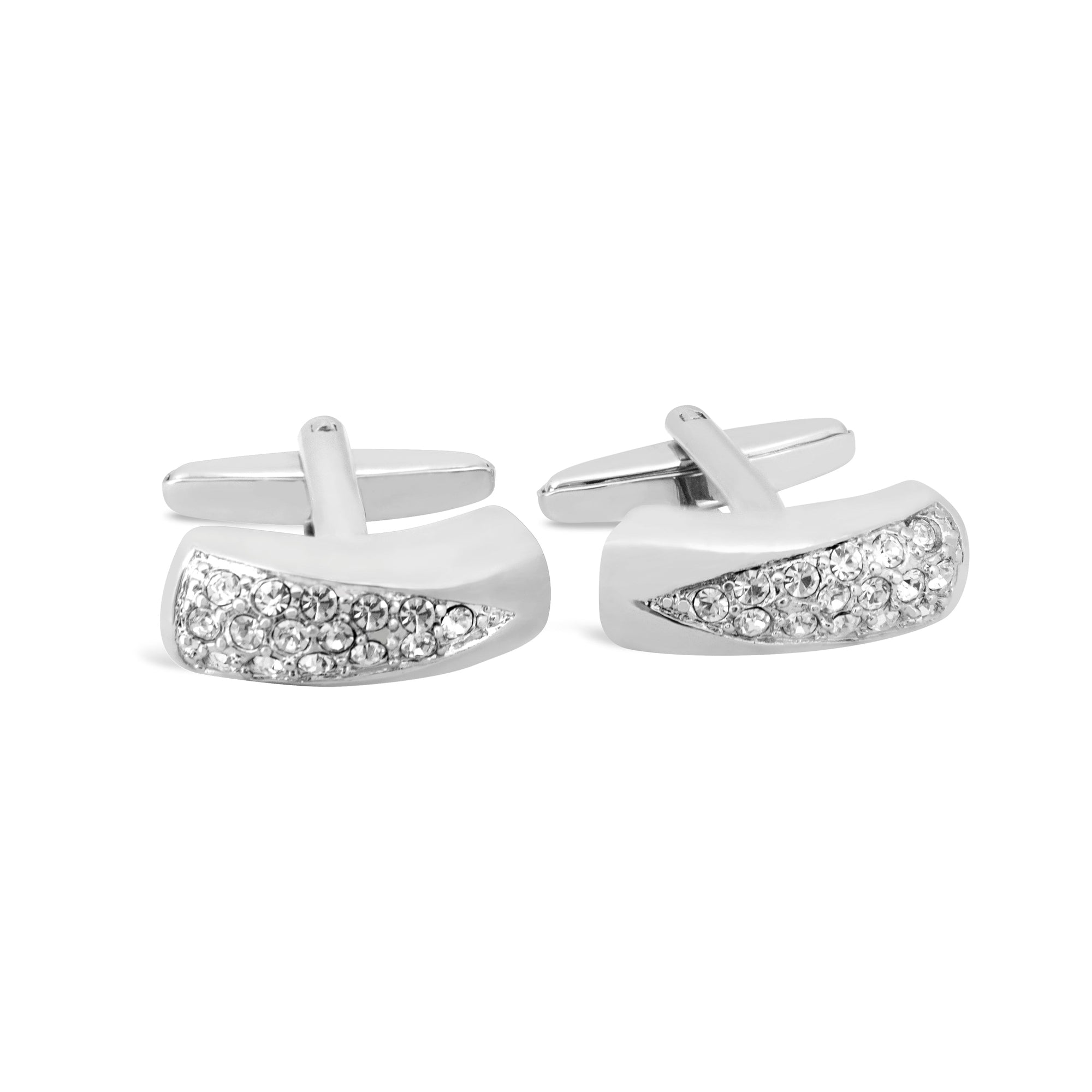 Simple Rectangle Curved Cufflinks with Clear Crystals-Cufflinks.com.sg