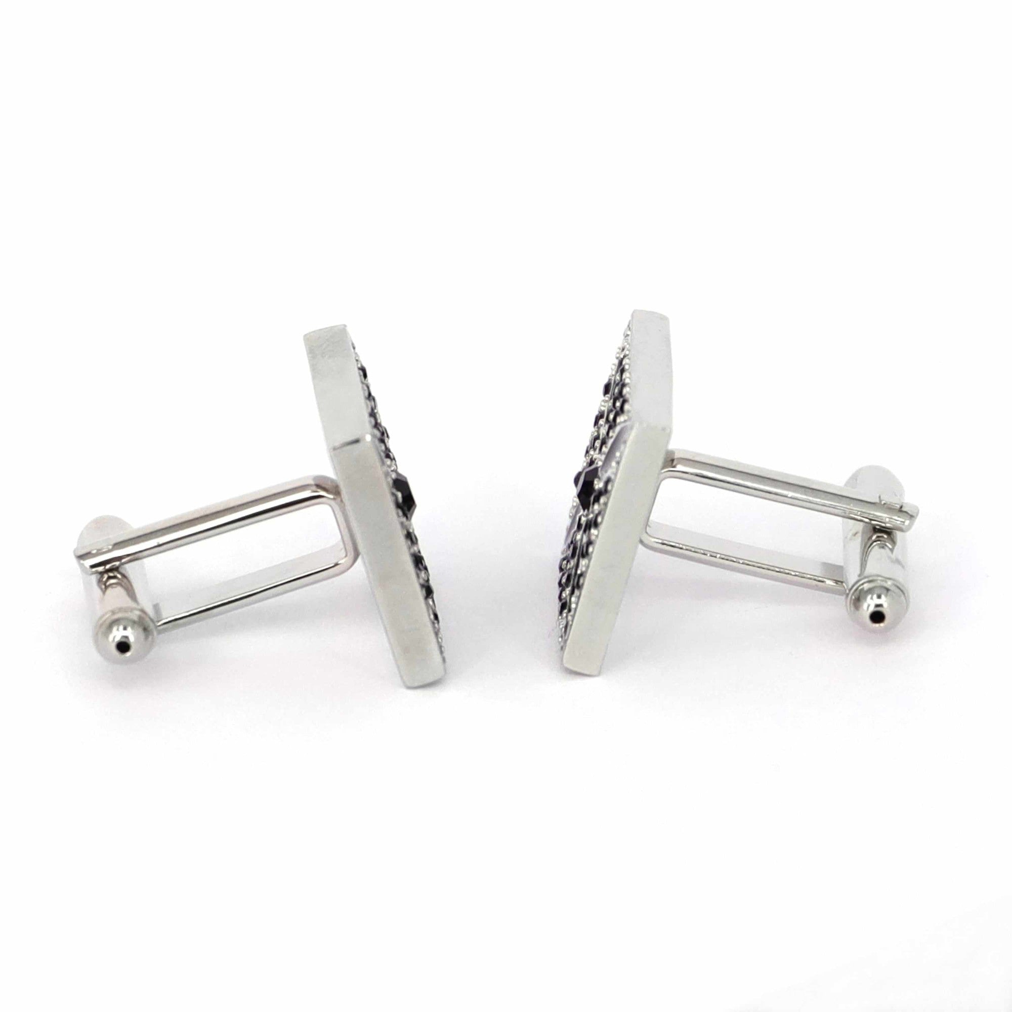 Square silver with Black enamel flower design cufflinks-Crystal Cufflinks-MarZthomson-Cufflinks.com.sg