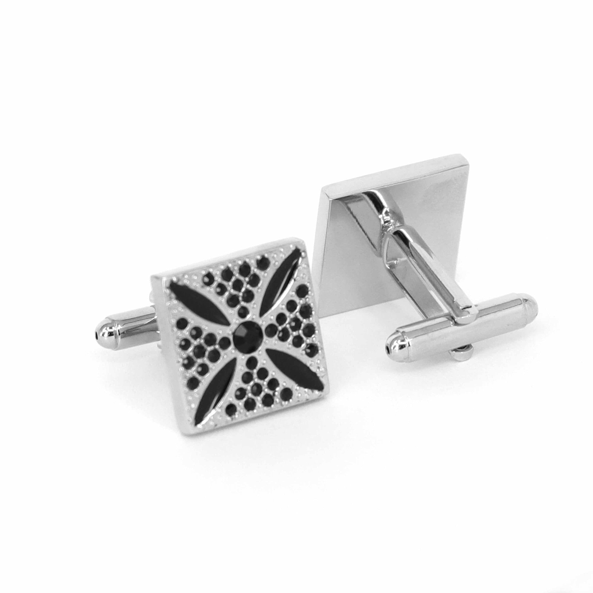 Square silver with Black enamel flower design cufflinks-Crystal Cufflinks-MarZthomson-Cufflinks.com.sg