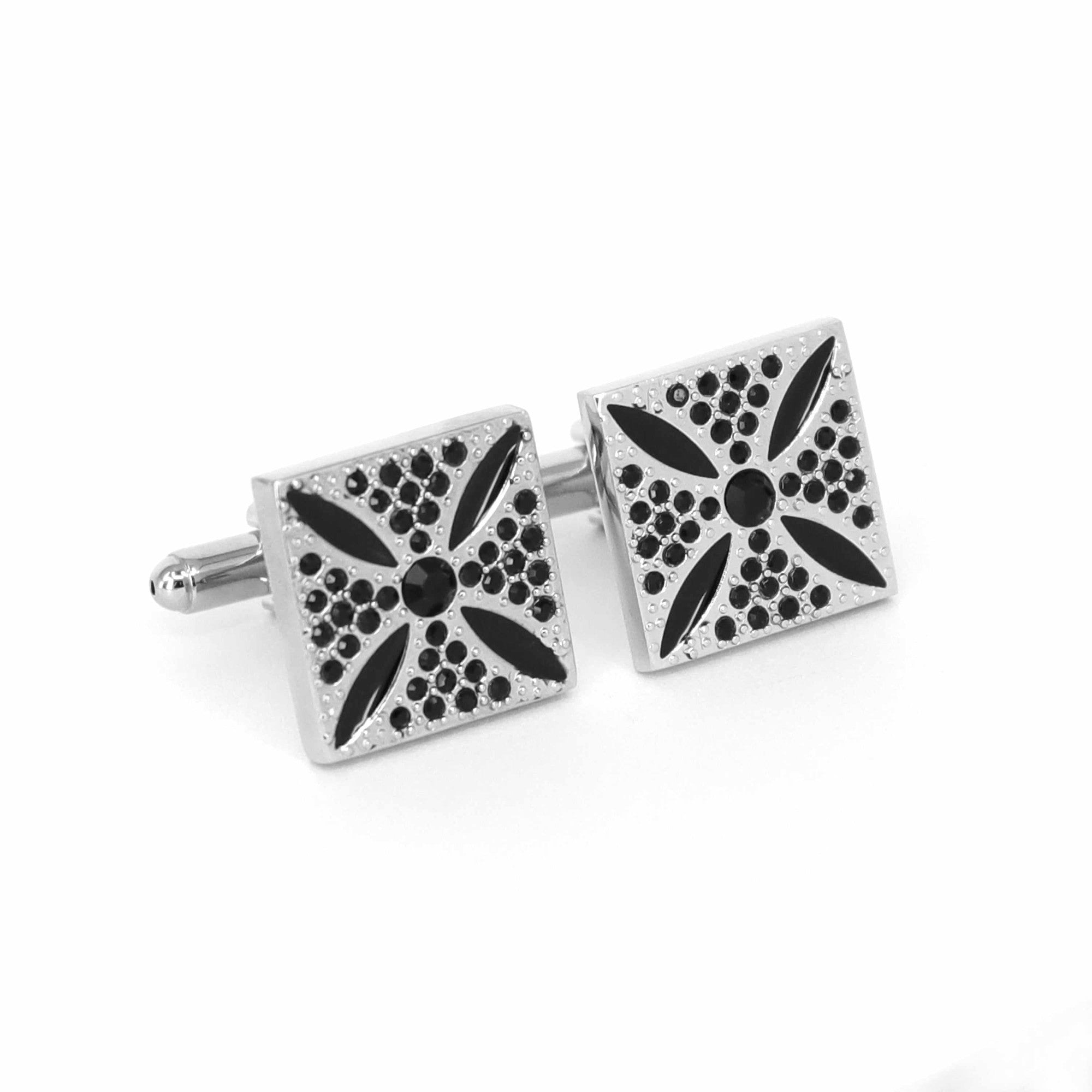 Square silver with Black enamel flower design cufflinks-Crystal Cufflinks-MarZthomson-Cufflinks.com.sg