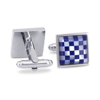 White Mother of Pearl and Blue Checks Cufflinks-Cufflinks.com.sg