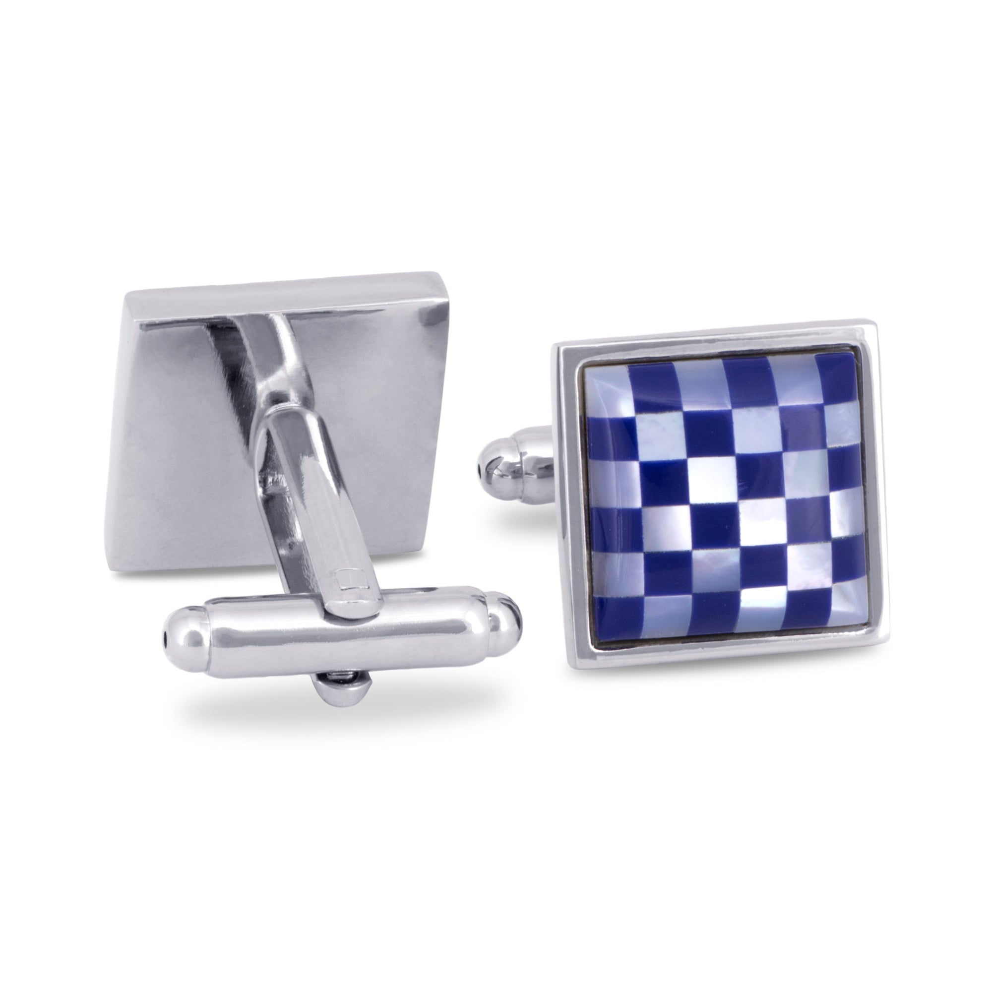 White Mother of Pearl and Blue Checks Cufflinks-Cufflinks.com.sg