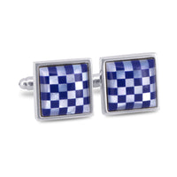 White Mother of Pearl and Blue Checks Cufflinks-Cufflinks.com.sg