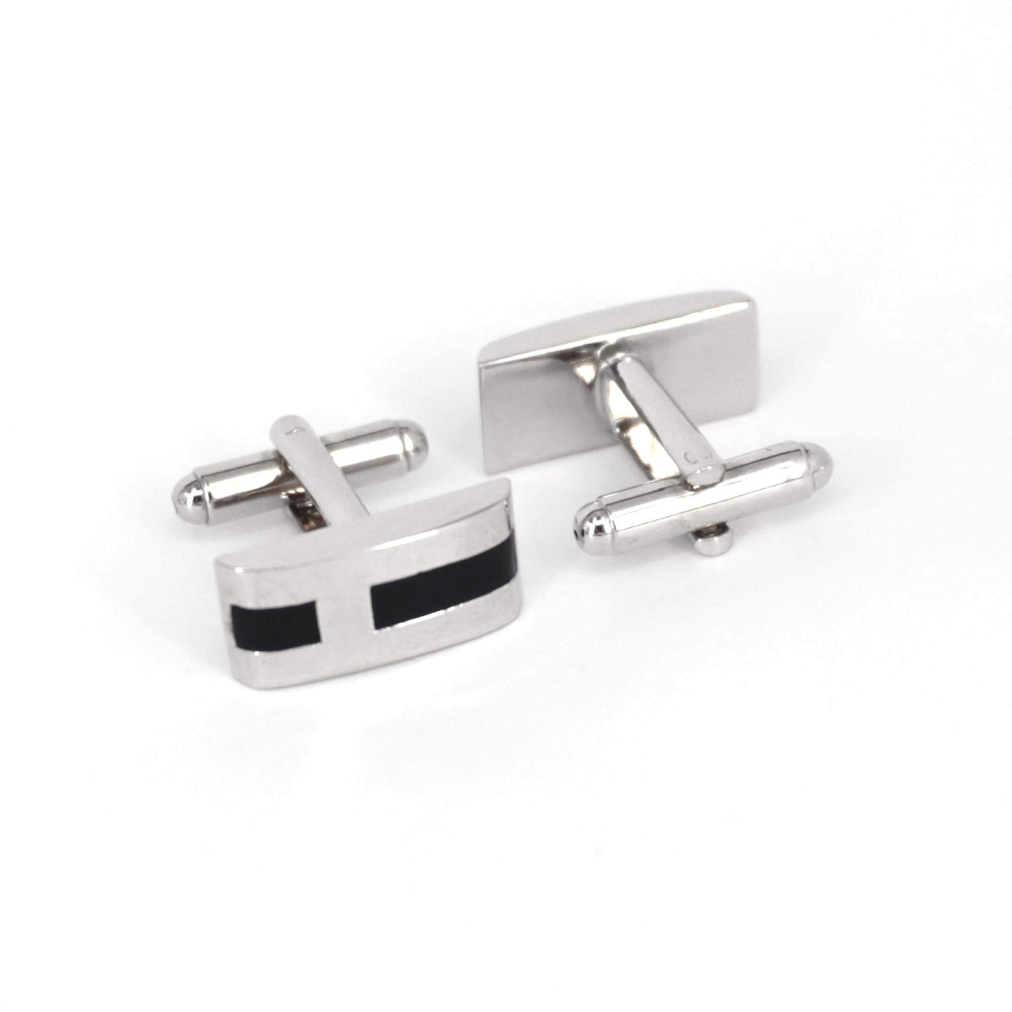 Silver Rectangle Cufflinks with Black Enamel H