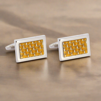 Carbon Fiber Yellow Rectangle Cufflinks in Silver outline