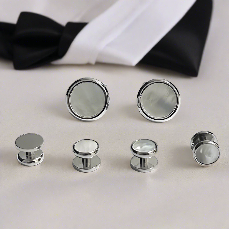 Men's Tuxedo Cufflinks and Studs - Mother of Pearl with Silver