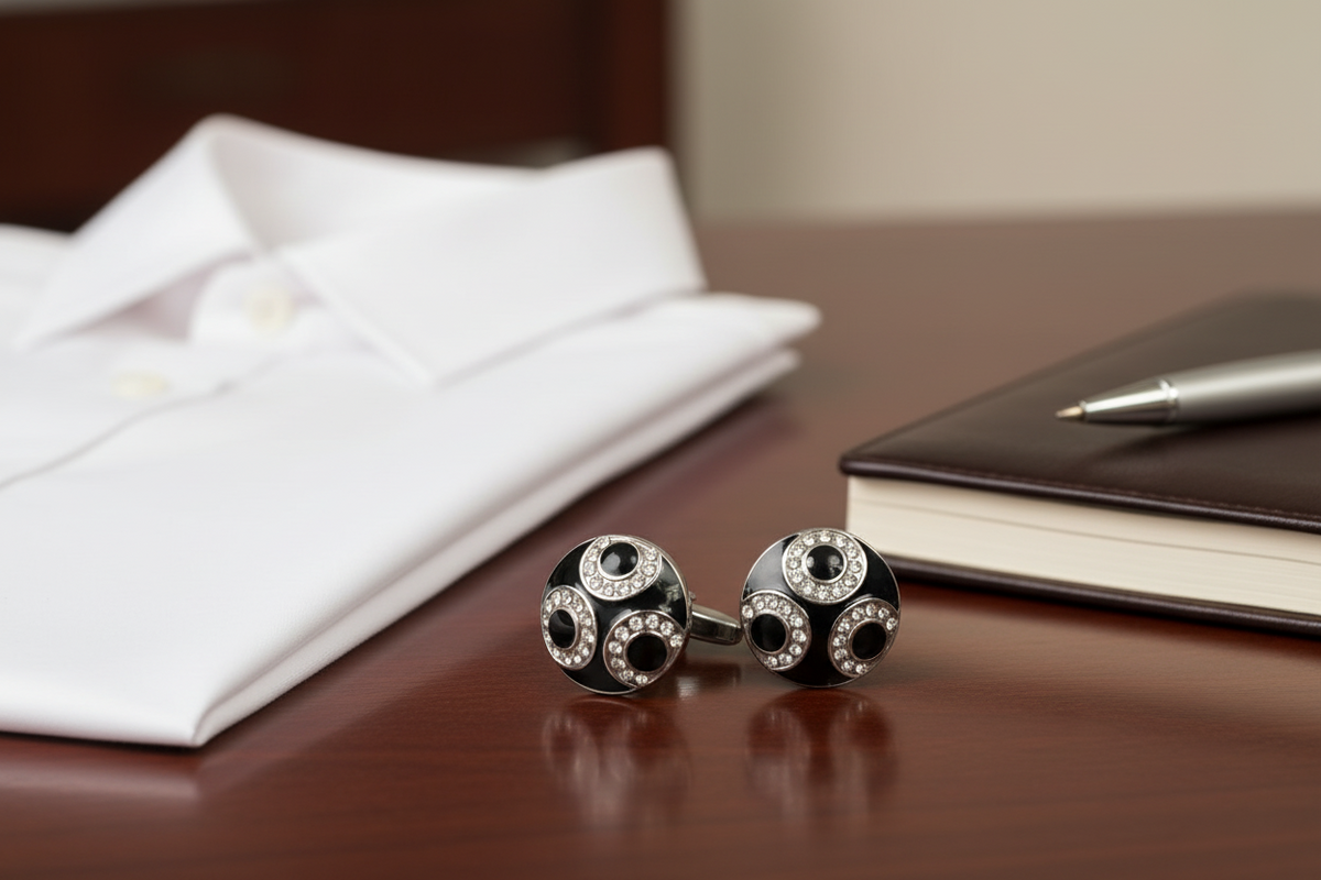 Black and silver cufflinks with circular design on a white background