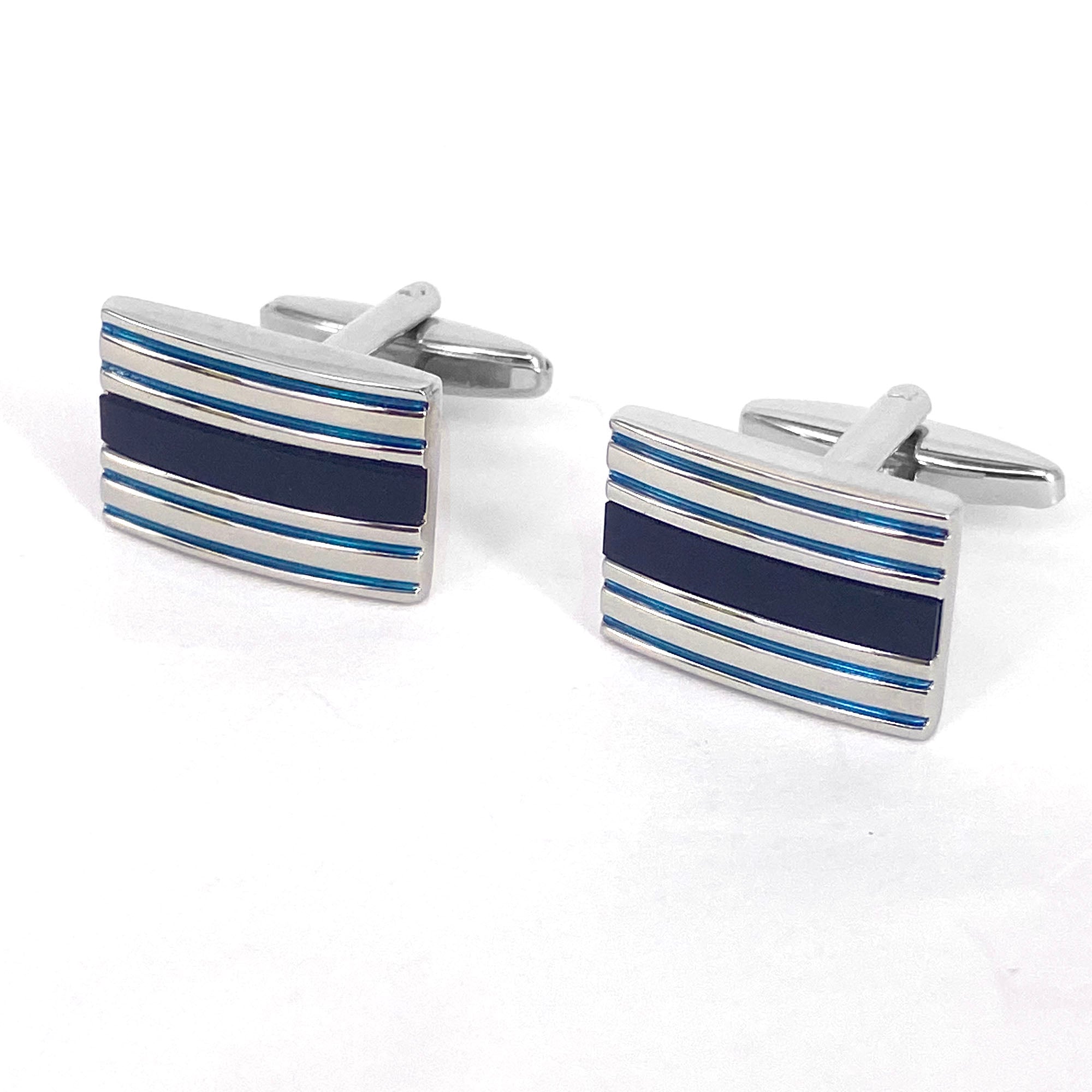 Rectangle Horizonal silver and Thick blue enamal  Cufflinks