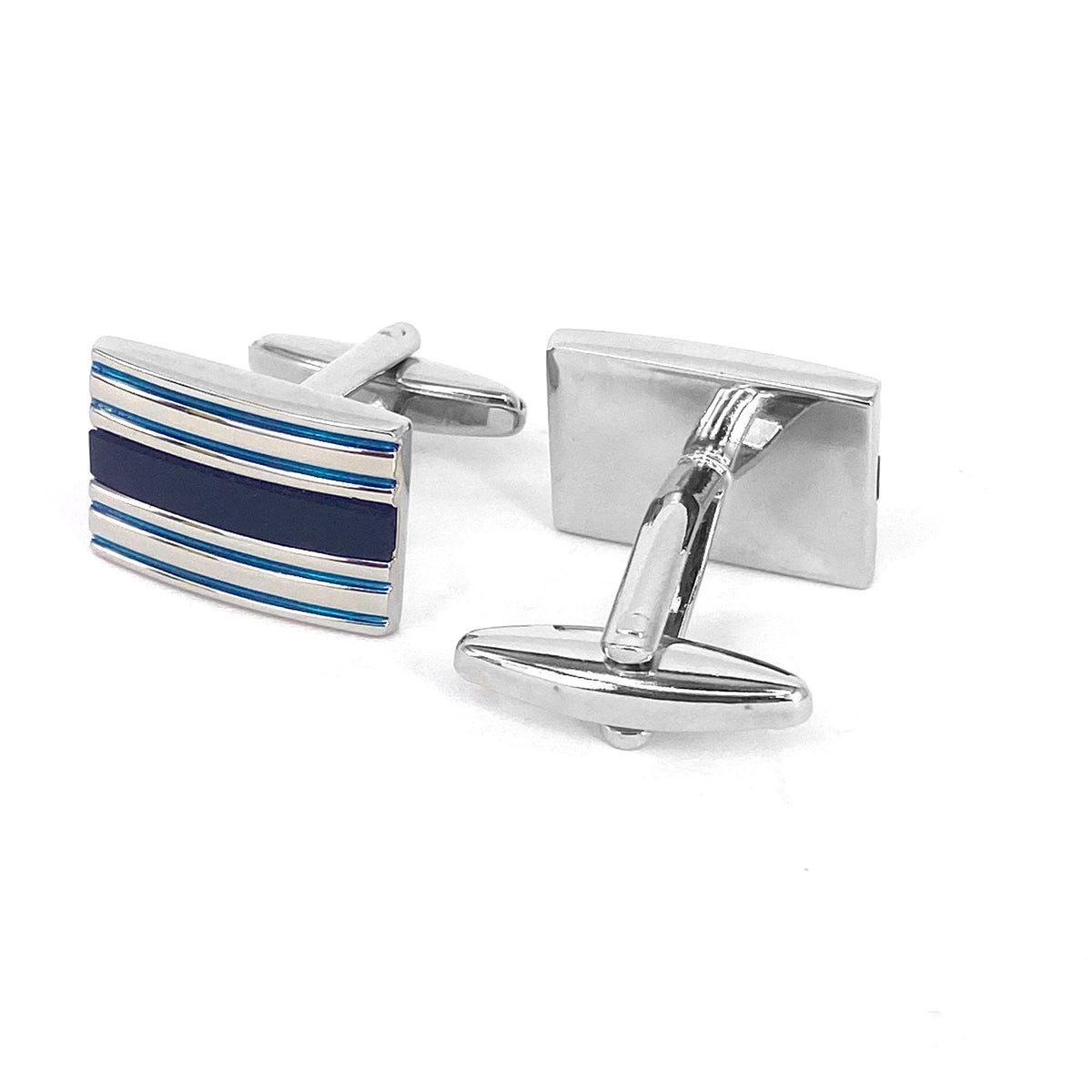 Rectangle Horizonal silver and Thick blue enamal  Cufflinks