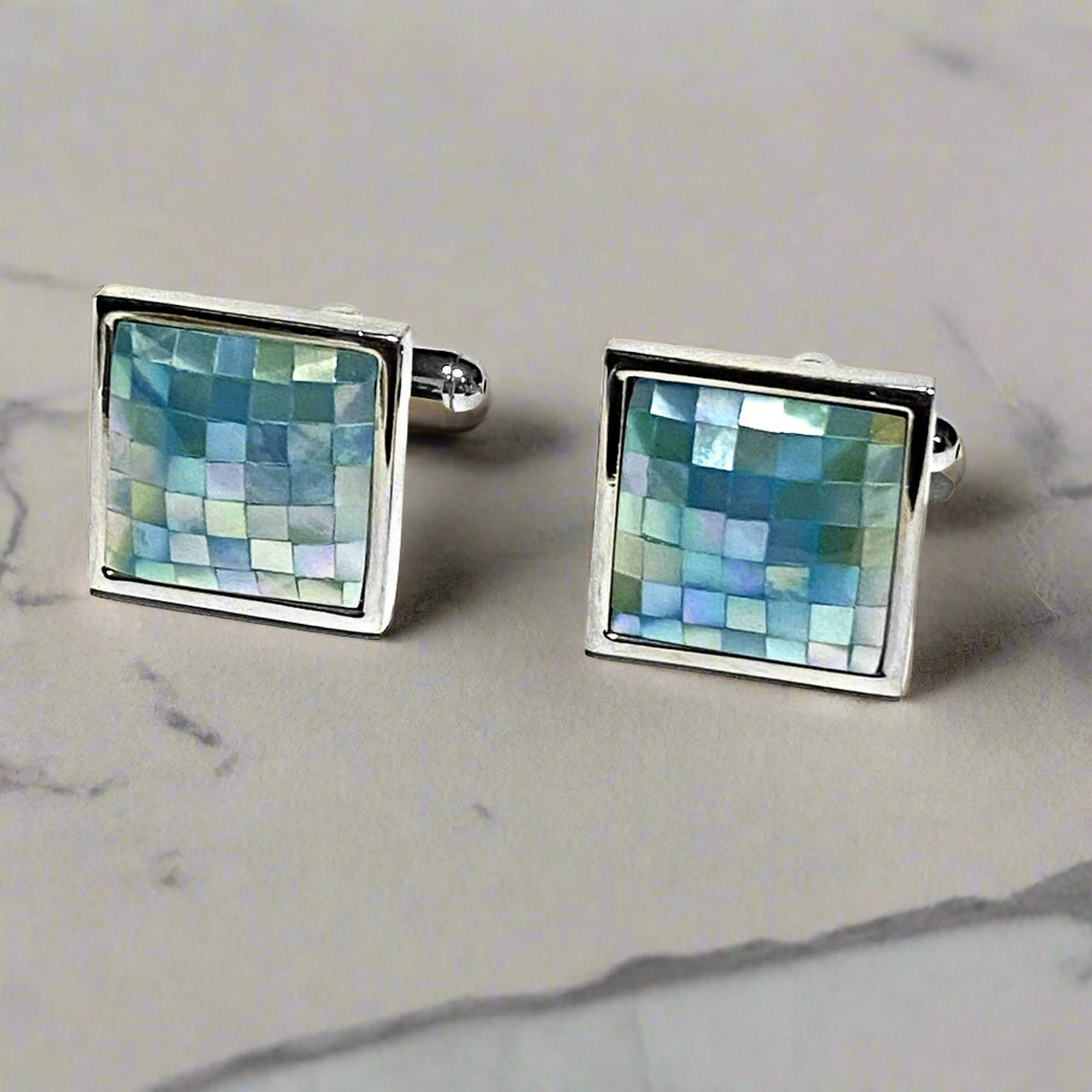 Sky Blue Mosaic MOP Square Cufflinks