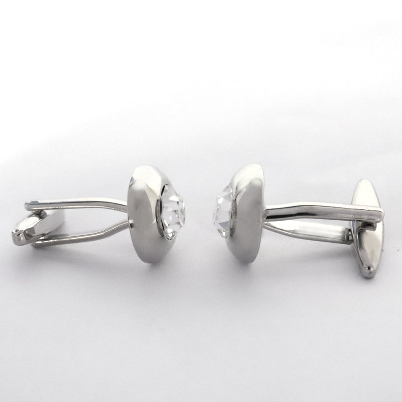 Round Silver One Clear Diamond Crystal Cufflinks