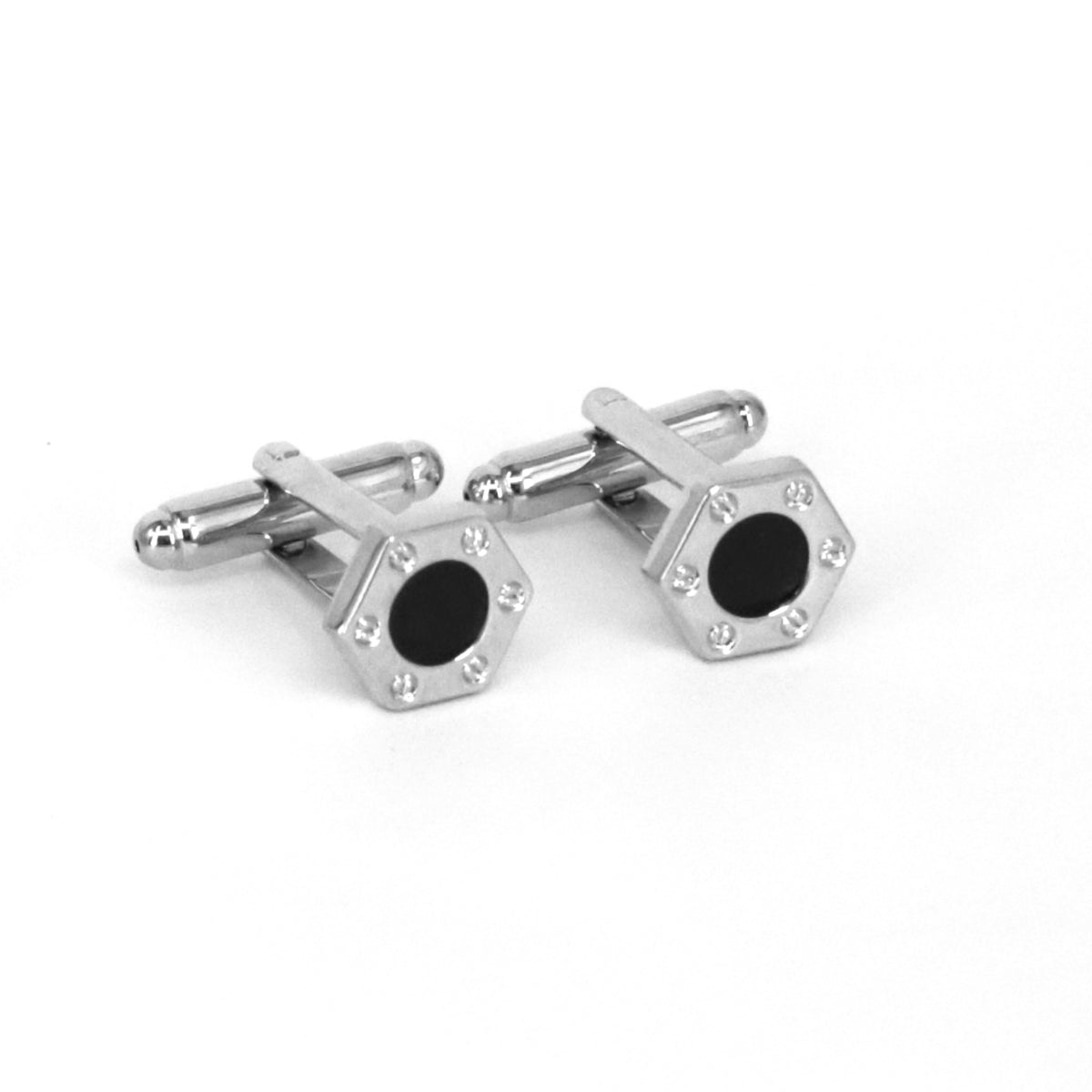 Silver Hexagon with Black Enamel Top Centrepiece Cufflinks- Mini