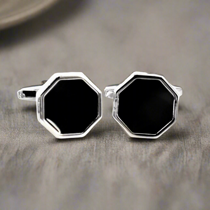 Silver Octagon Cufflinks with Black Enamel