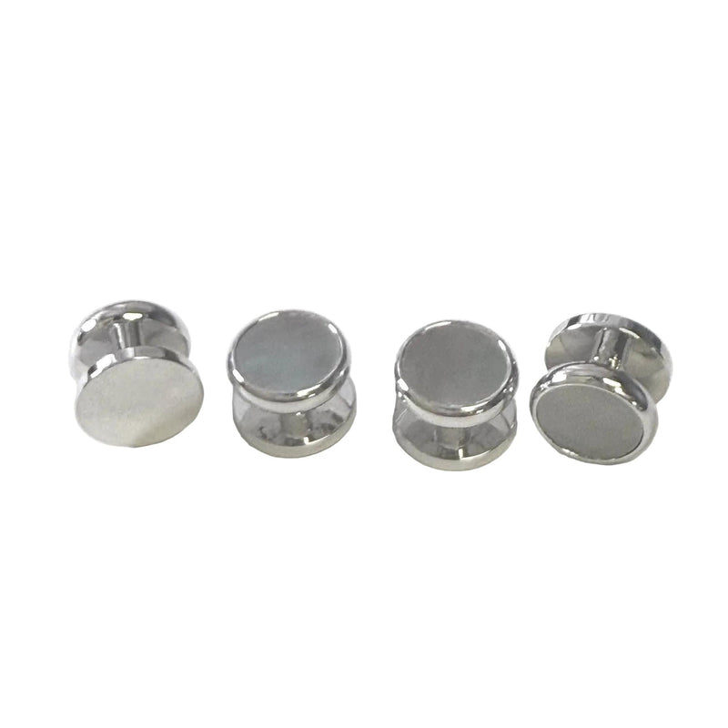 Four silver dark MOP round stud  with flat circular faces, arranged in a row on a white textured fabric background.