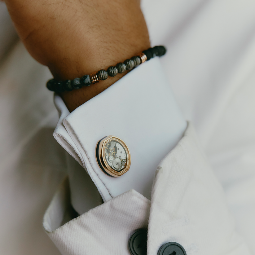 Tonneau Skeleton Cufflinks -Rose Gold and Black Enamel