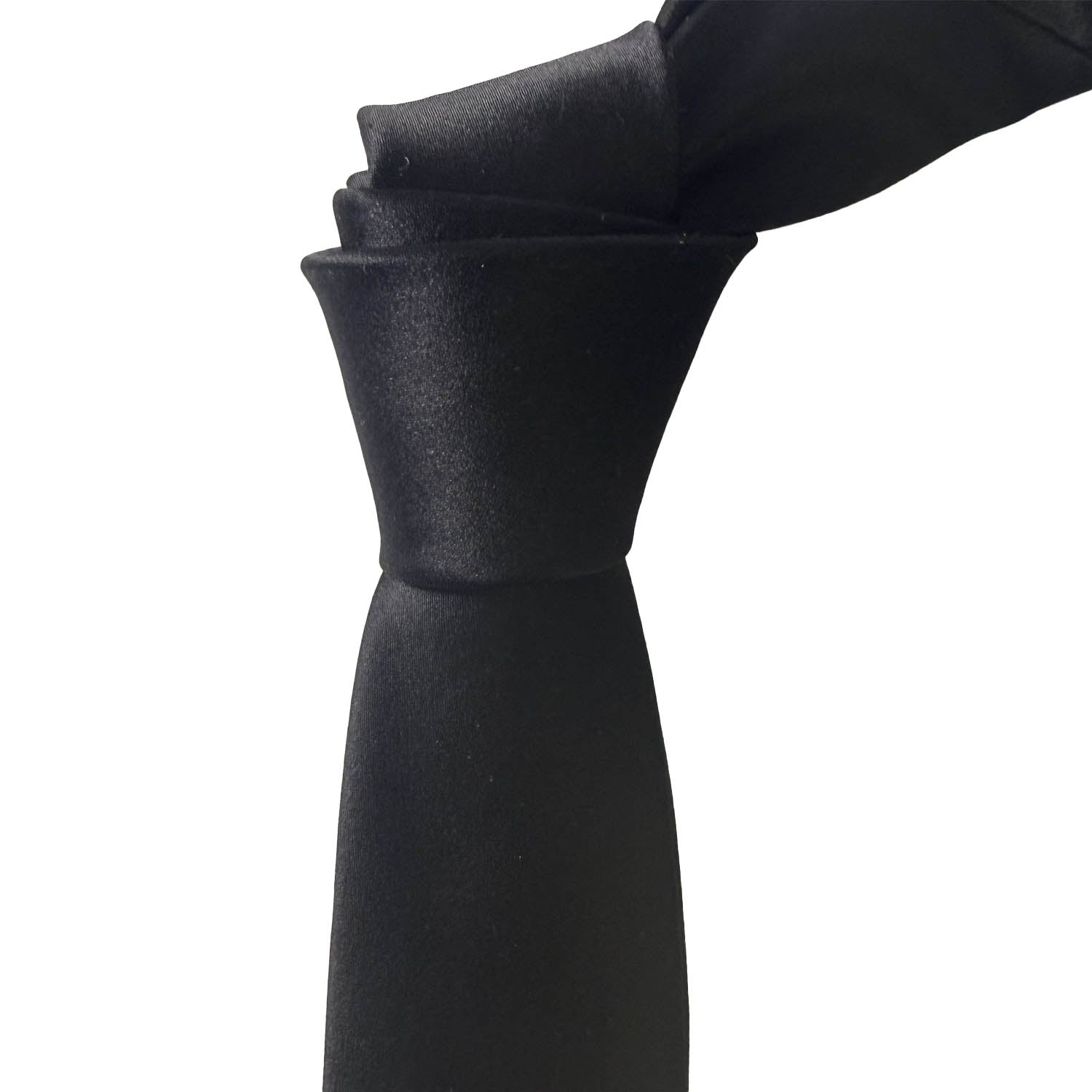 A close-up of a black necktie tied in a knot, shown against a plain white background.