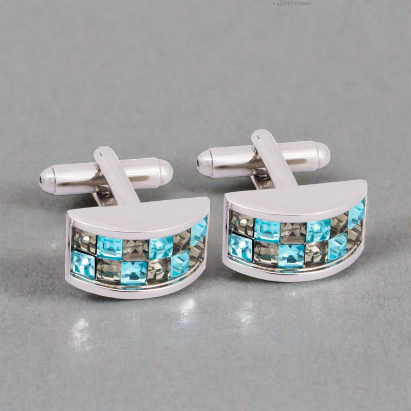 Cyan and Grey Crystal D-Shaped Cufflink (Online Exclusive)
