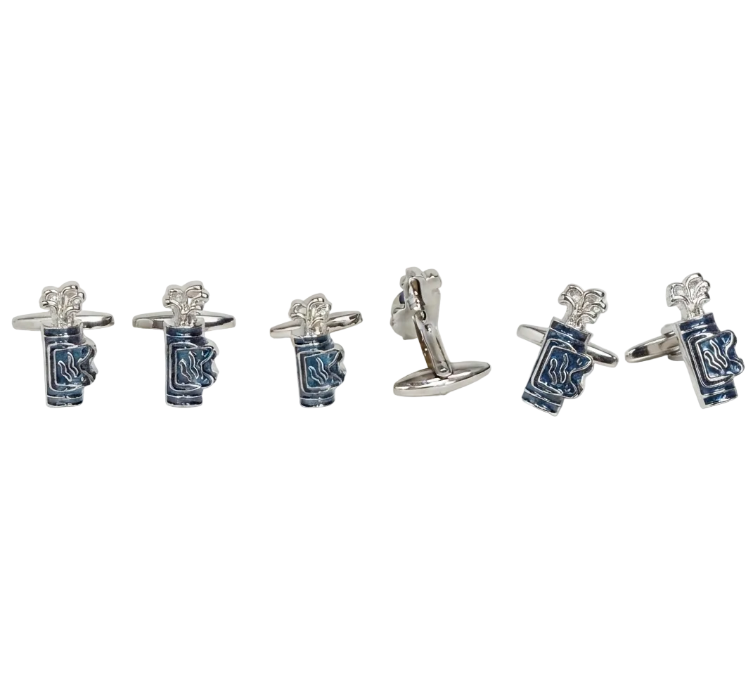 A three-panel product display showing a pair of silver golf enamal cufflinks shaped like blue and white patterned bottles with small silver floral tops, shown from front, side, and back views on a light gray background.
