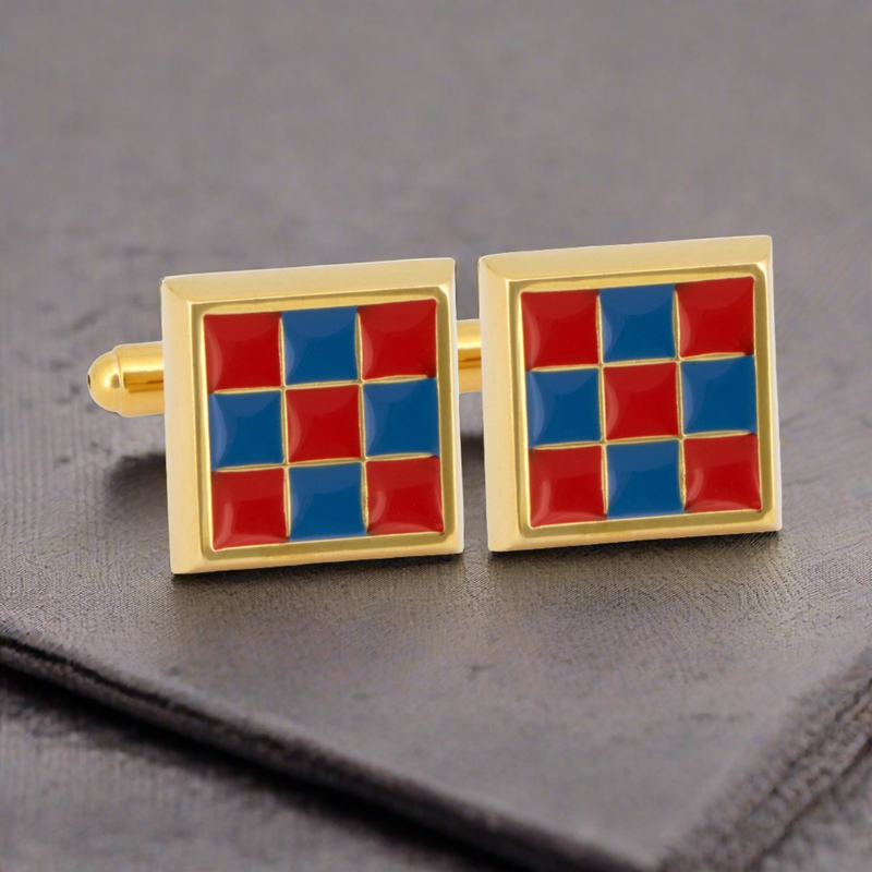 Gold Square Cufflinks with Red and Blue Checks (Online Exclusive)
