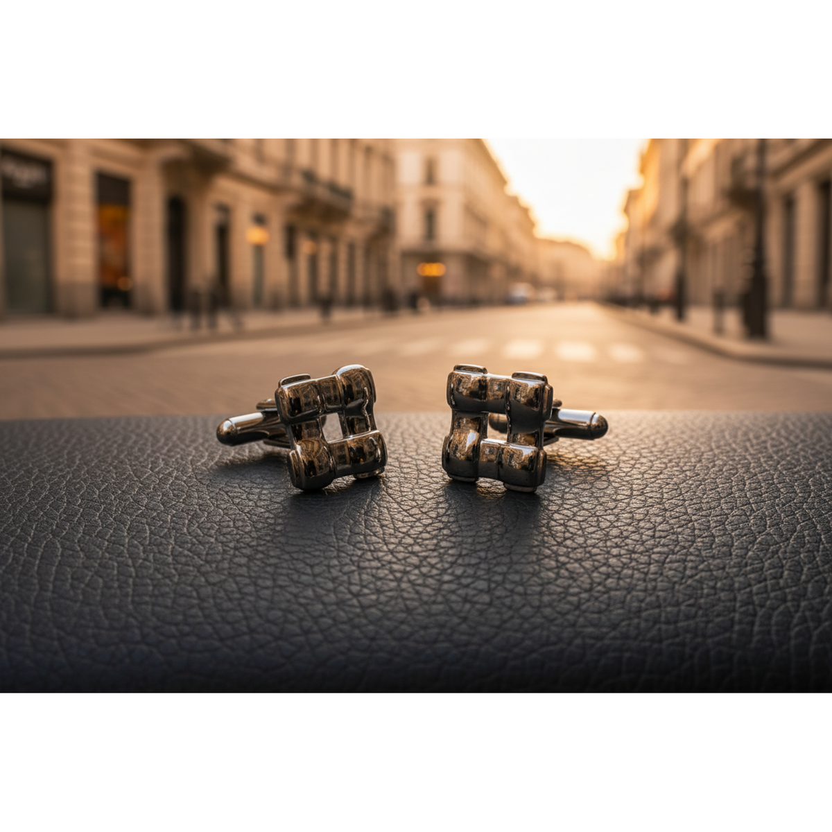 Pair of silver cufflinks on a light gray background