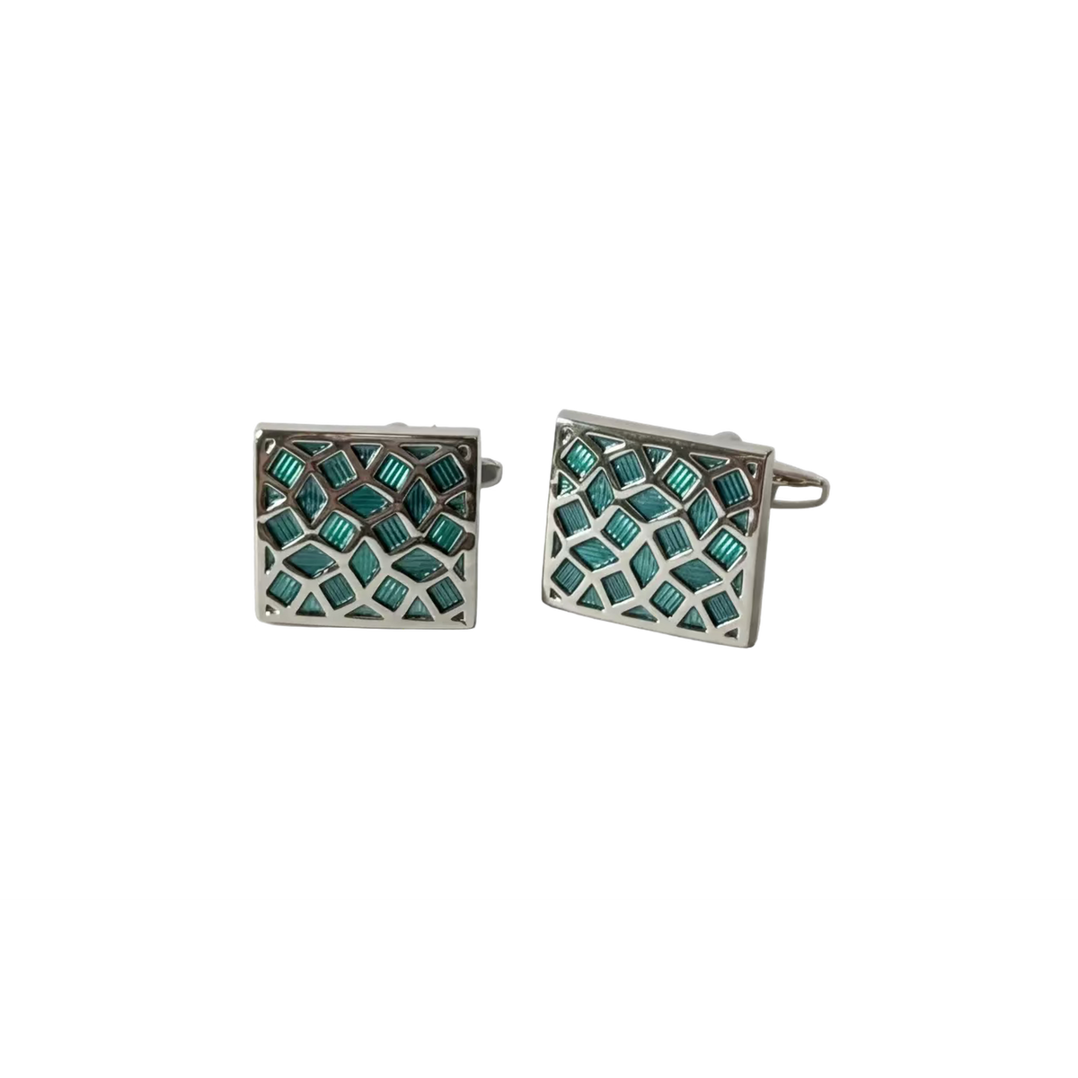 Pair of square cufflinks with green lattice design on a light gray background