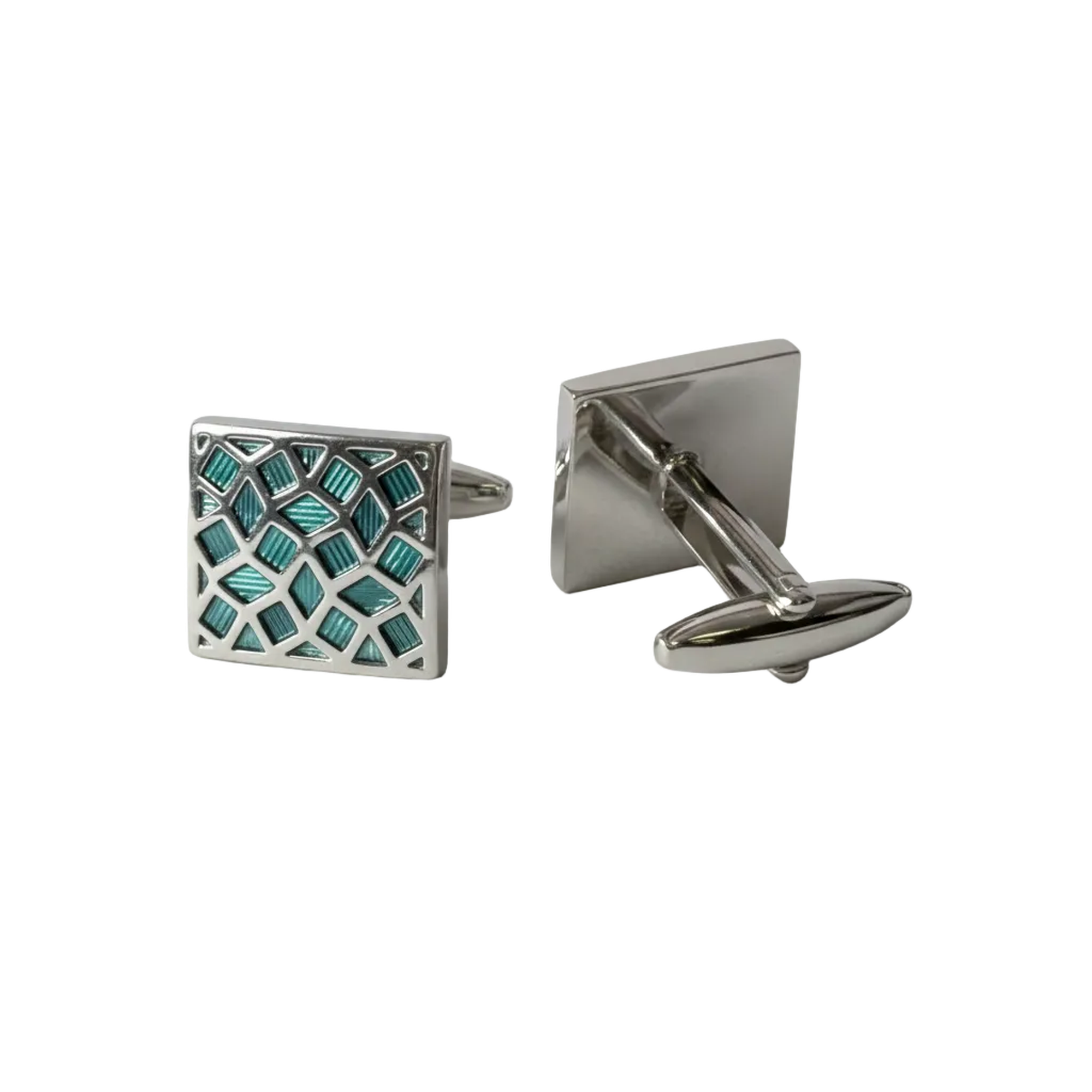 Silver cufflinks with a geometric design on a gray background