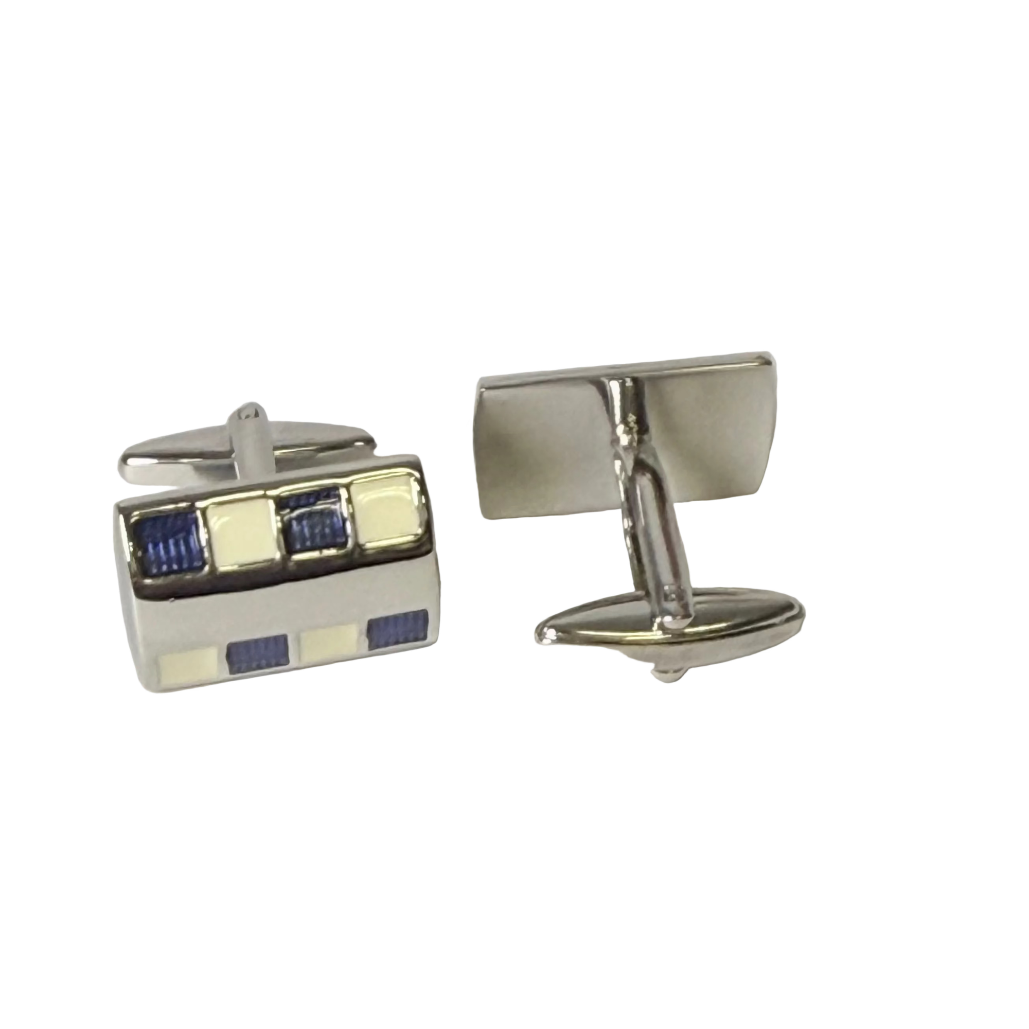 Pair of silver cufflinks with blue and white square design on a light gray background