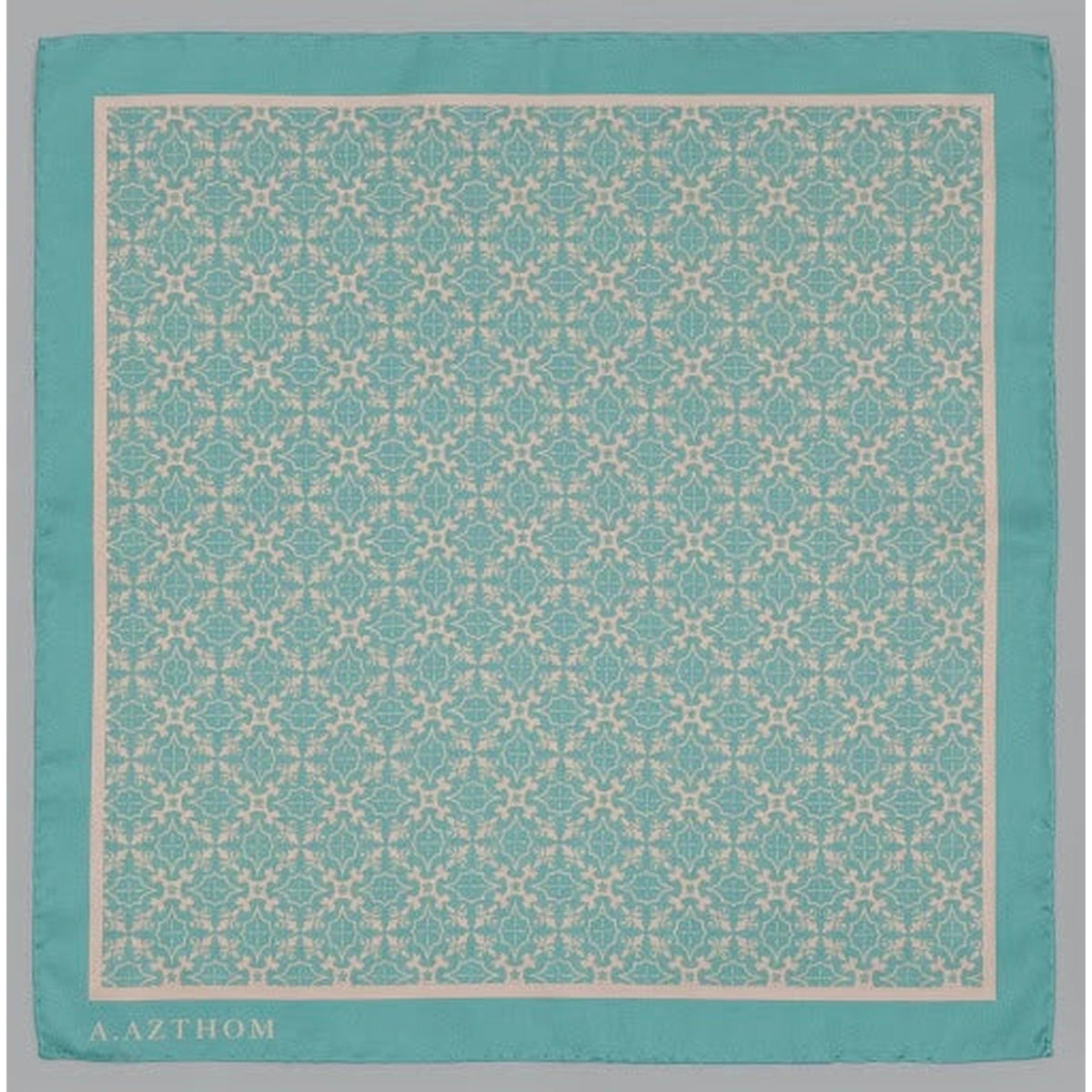 A.Azthom Peranakan Tile Motif Silk Pocket Square – Sage Green & Cream (32x32cm)