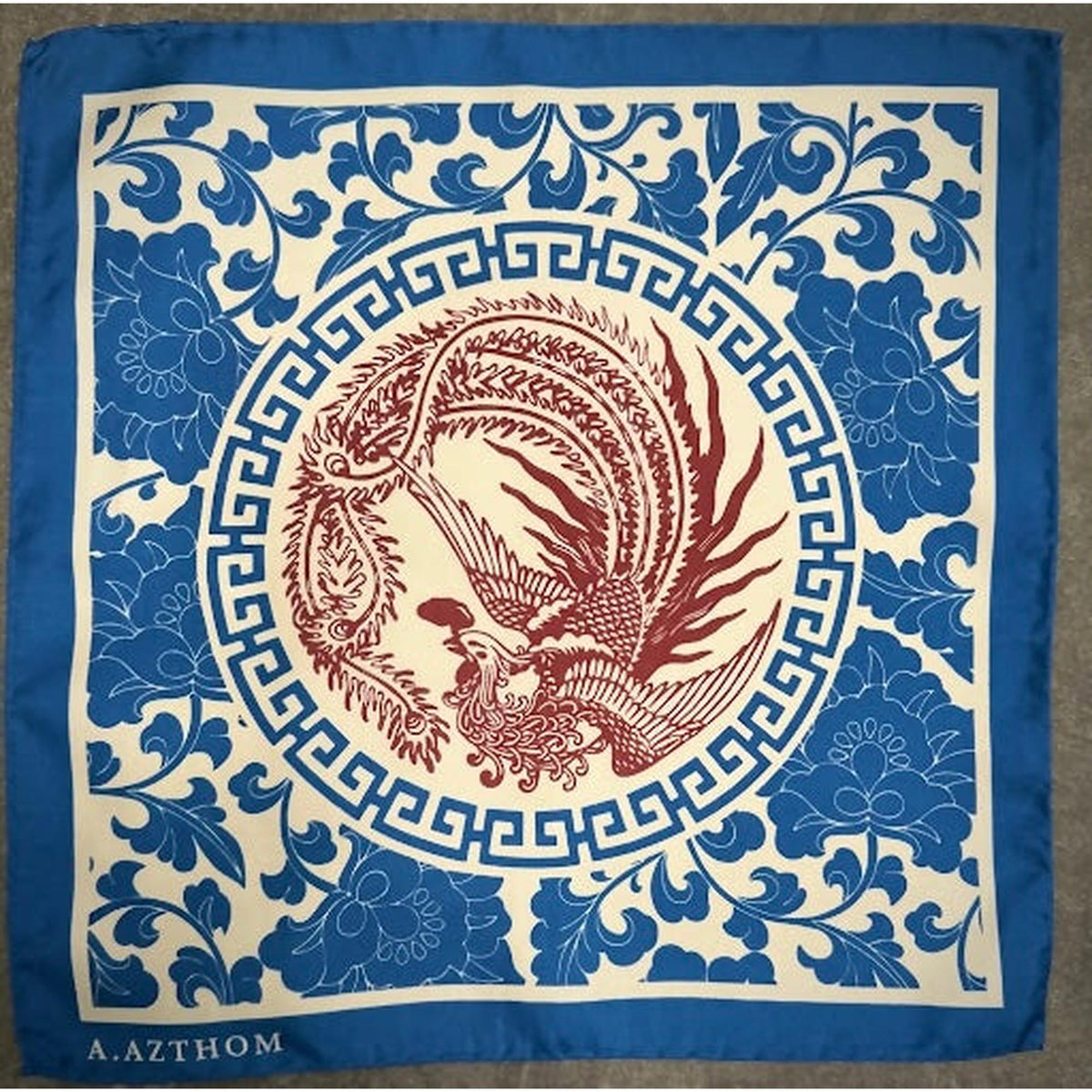 A.Azthom Peranakan Phoenix & Peony Medallion Silk Pocket Square – Royal Blue & Burgundy (32x32cm)