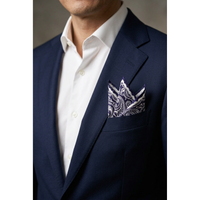 A.Azthom Peranakan Chrysanthemum & Cloud Silk Pocket Square – Indigo Navy & Cream (32x32cm)