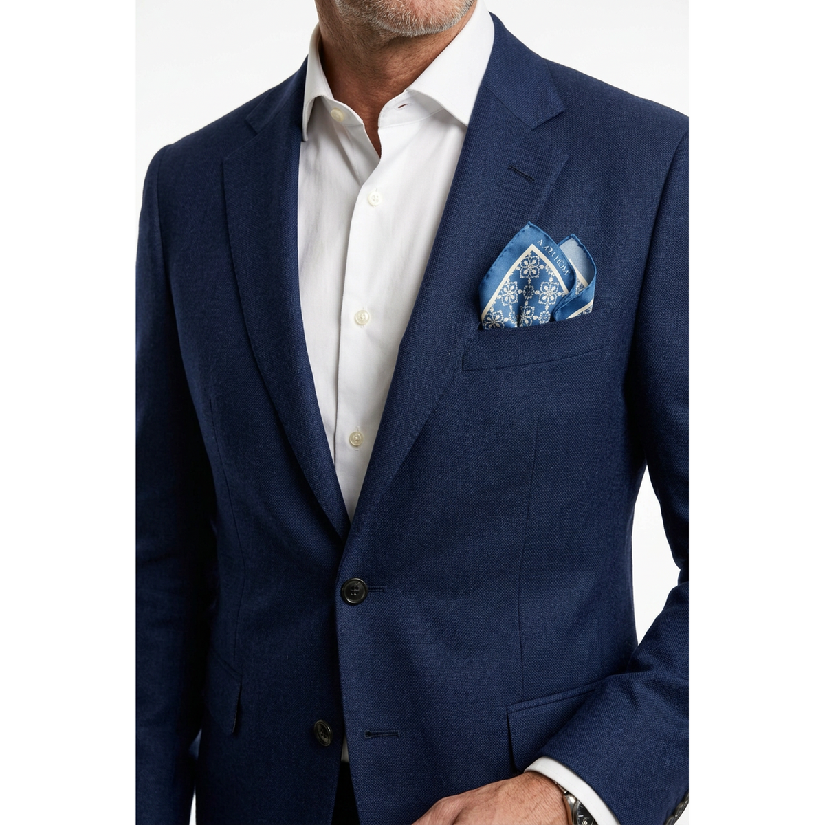A.Azthom Peranakan Tile Motif Pocket Square – middle Blue