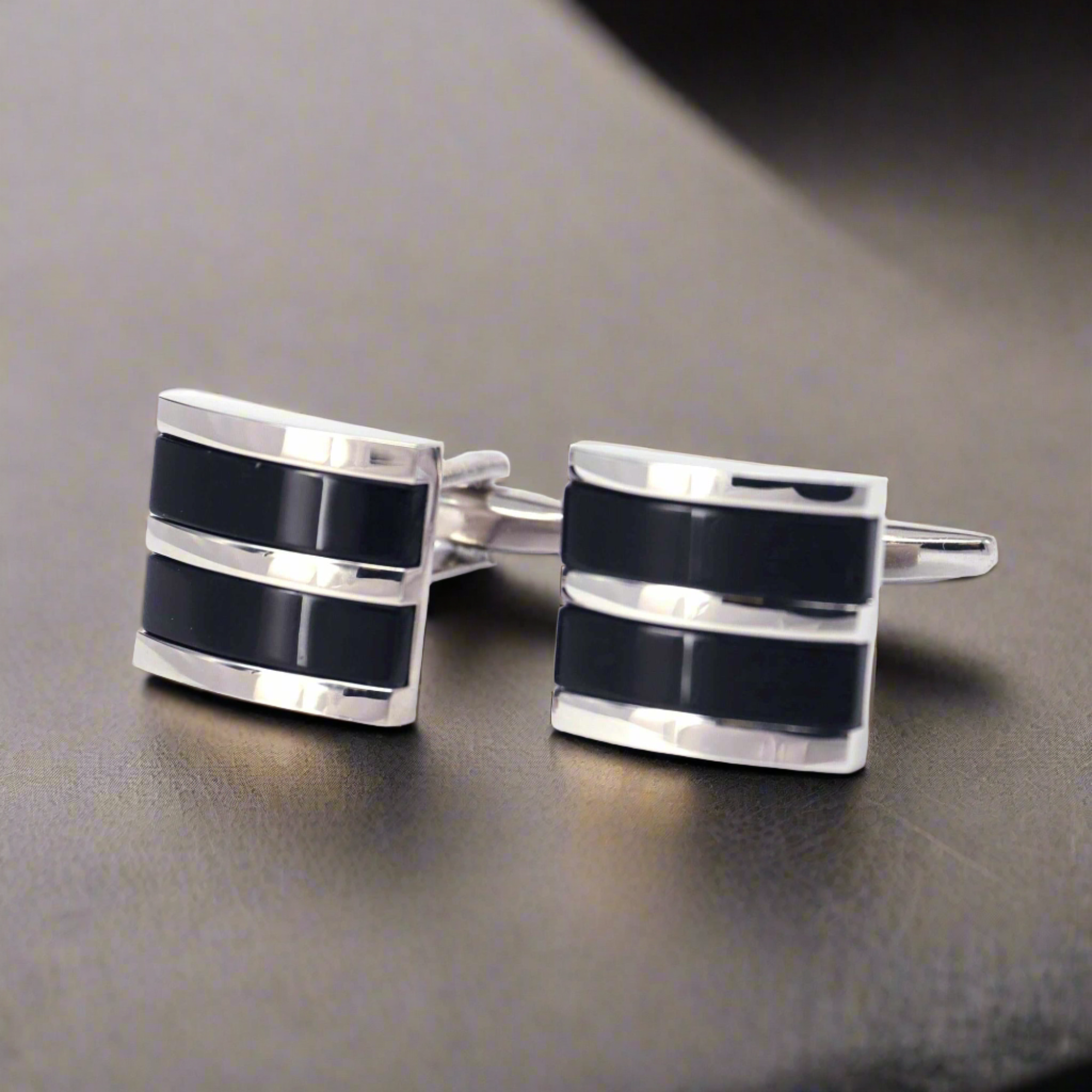 MarzThomson D Shape with 2 Black Fiber Optic Stripe Cufflinks (Online Exclusive)