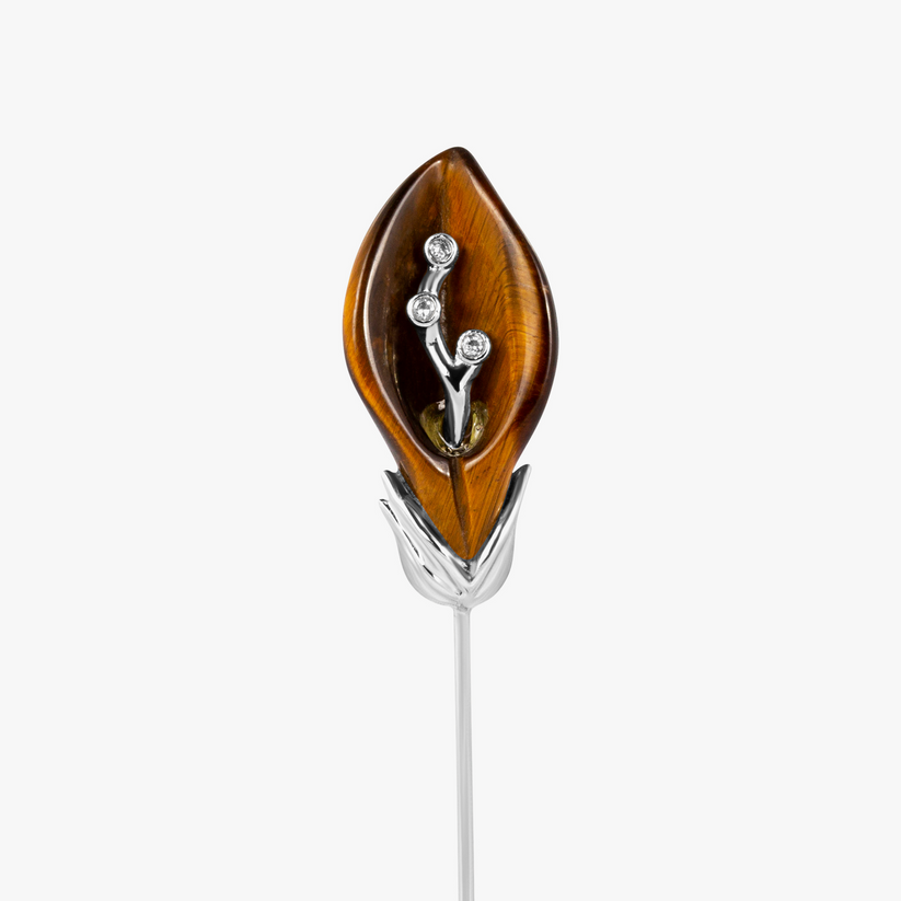 Calas Flower Pin Palladium Plated with Tiger Eye