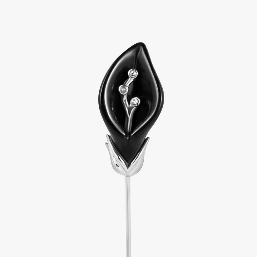 Calas Flower Pin Palladium Plated with Brazilian Black Stone