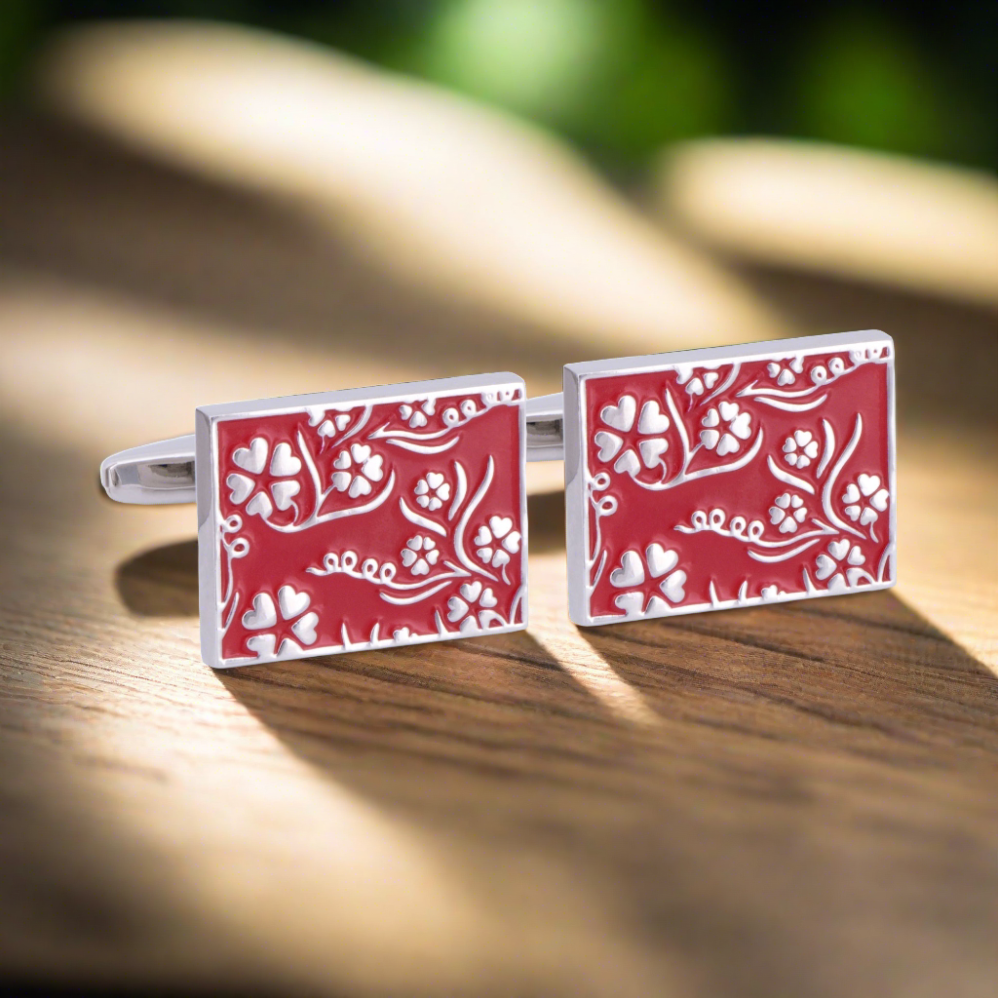 Red Rectangle Cufflinks with Silver Floral Details (Online Exclusive)